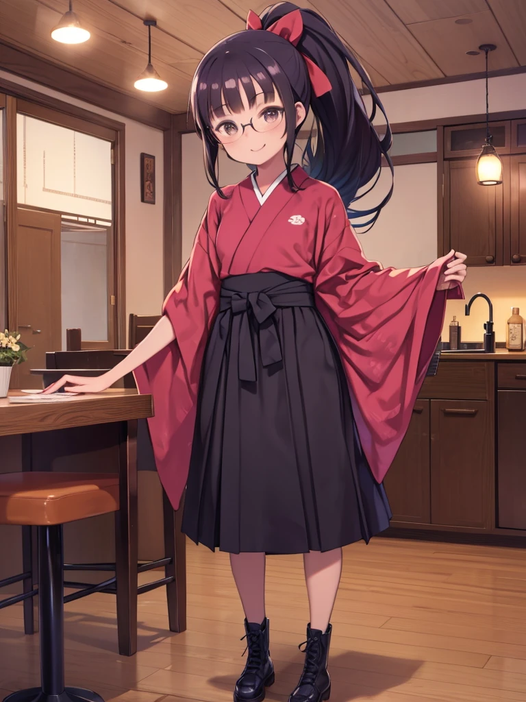 Highest quality, Very detailed, figure, Ticker, One girl, Black Hair, Long Hair, Glasses, ponytail, Hair Ribbon, smile, Happy, Brown eyes, Are standing, waitress, kimono, (yagasuri:1), Hakama skirt, Purple too, kimono, tasuki, Cross-laced shoes, Lace-up boots, Holding, food, dish, indoor, table,