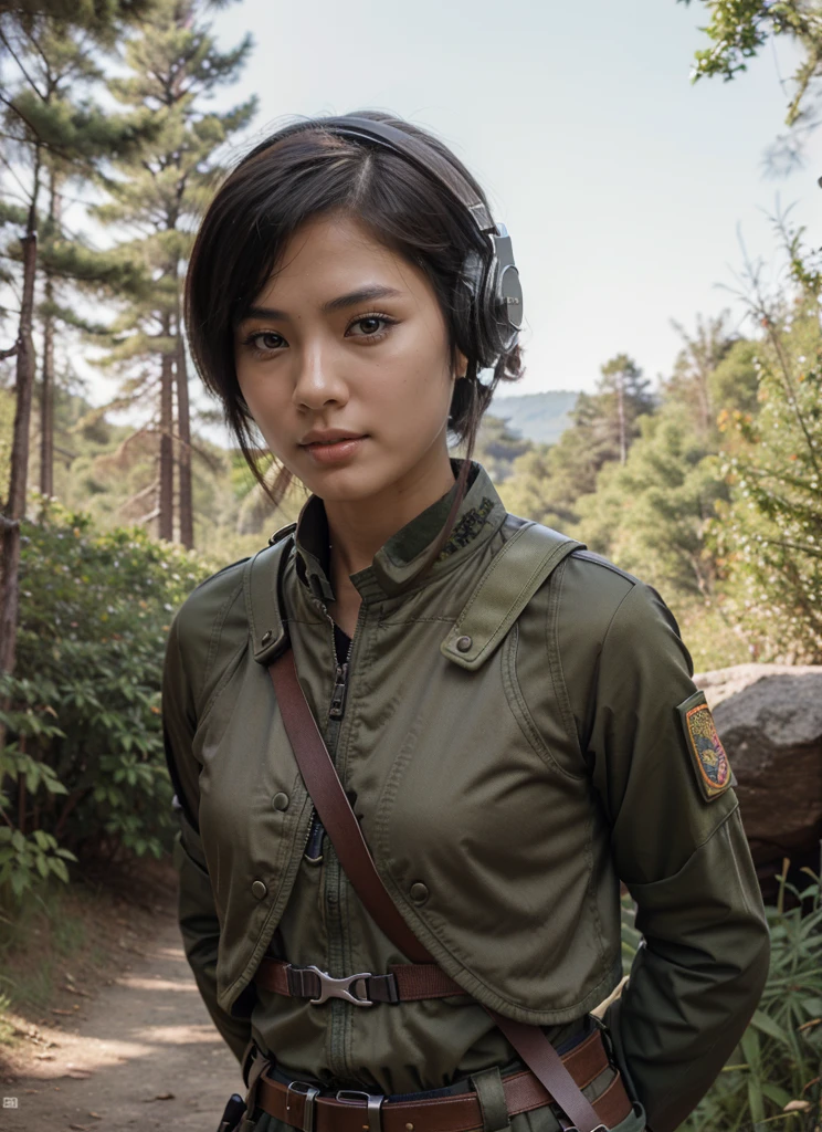 Very beautiful female soldier, Chinese features, Highly detailed face, short black hair military cut, Wear headphones with microphone, Matte brown military uniform, Has an advanced portable military radio system, antenna on her back, Belt with ammunition, Harnesses, Cables, military style light brown color pixelated uniform, in a forest, ultrarealistic, 4k, Ultra detailed image, realistic, Highly detailed, perfect composition, gorgeous, Intricately detailed, incredibly detailed, Art photography 8K, hyper detailed, Masterpiece, Ultra detailed, hyper realistic, NOT SOVIET