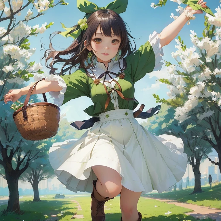 anime girl in a green dress and brown boots holding a basket, official artwork, guweiz on pixiv artstation, guweiz, official art, rin, anime visual of a cute girl, guweiz on artstation pixiv, , shikamimi, kawacy, shirabii, trending on artstation pixiv