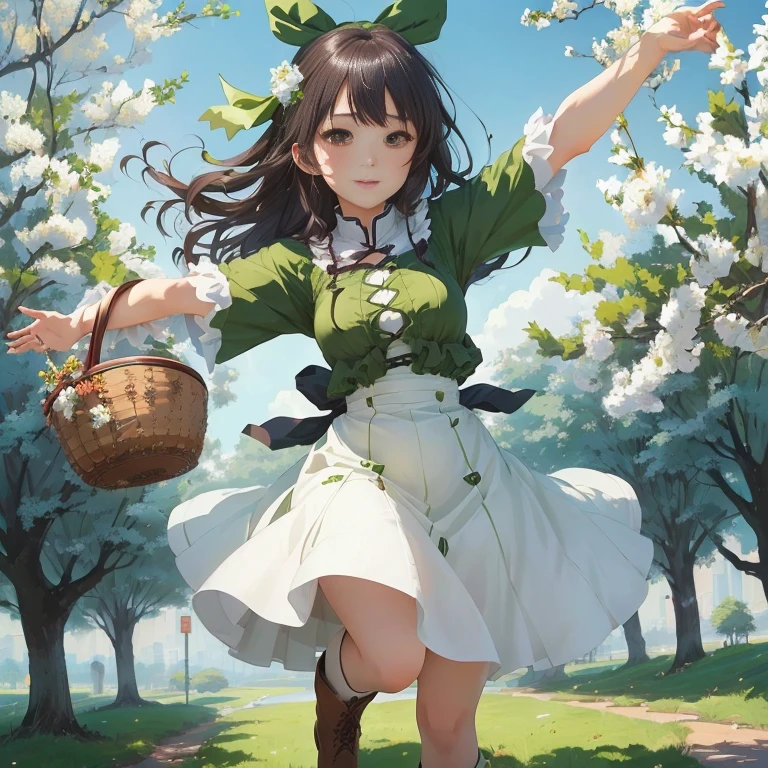 anime girl in a green dress and brown boots holding a basket, official artwork, guweiz on pixiv artstation, guweiz, official art, rin, anime visual of a cute girl, guweiz on artstation pixiv, , shikamimi, kawacy, shirabii, trending on artstation pixiv