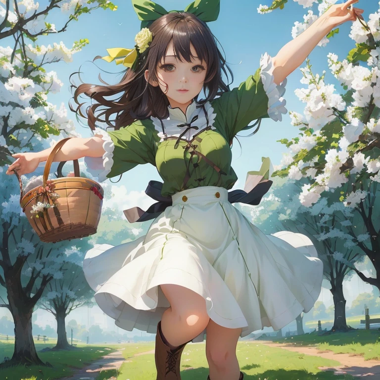 anime girl in a green dress and brown boots holding a basket, official artwork, guweiz on pixiv artstation, guweiz, official art, rin, anime visual of a cute girl, guweiz on artstation pixiv, , shikamimi, kawacy, shirabii, trending on artstation pixiv