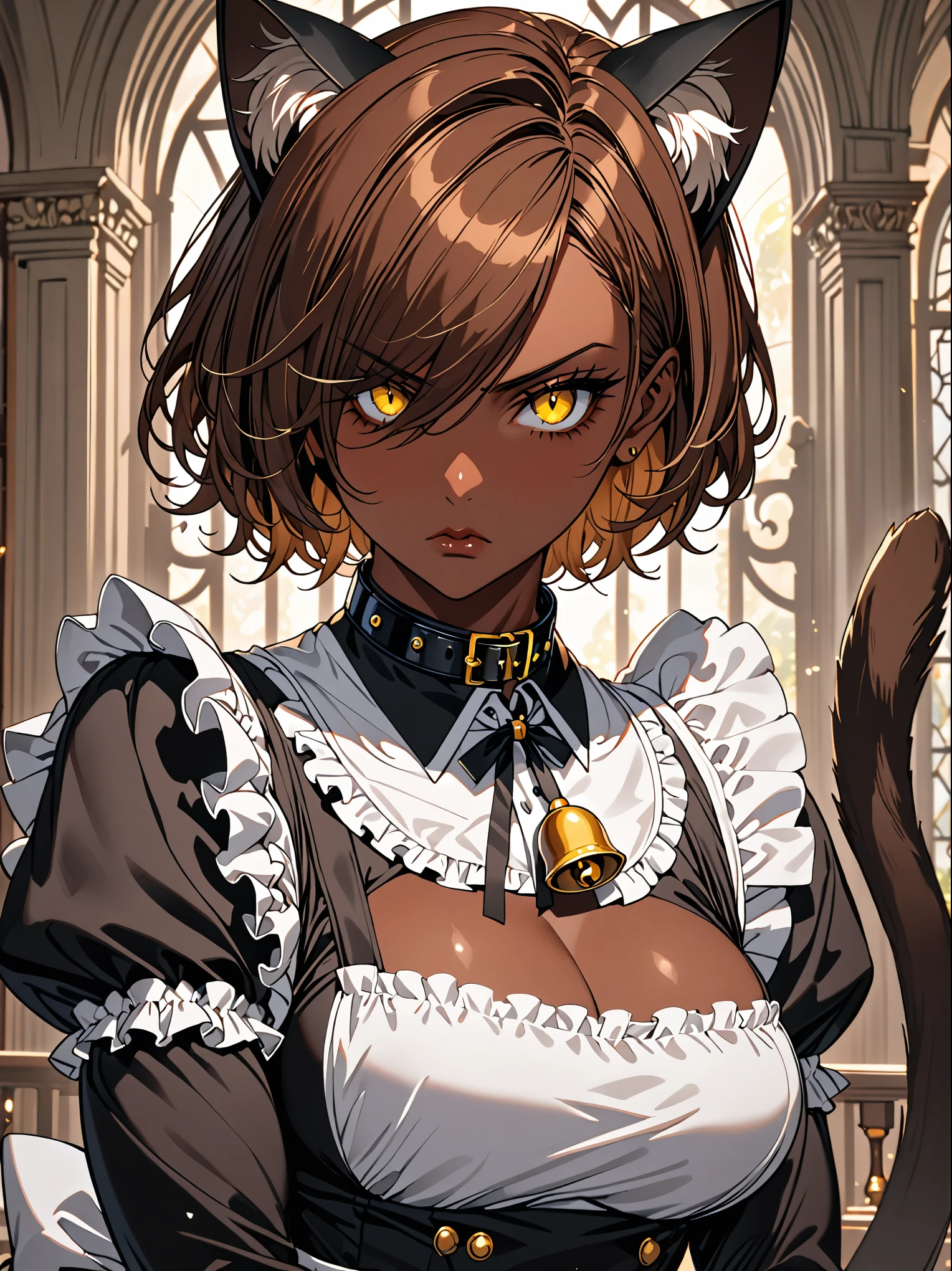 huge solo female, mansion, muscular, short brown hair over one eye, yellow eye, slit pupil, cat ears, cat tail, maid, muscular, broad shoulders, large breasts, serious, servile, cat bell collar, puffy collar, long sleeves, dark skin, close up, conservative clothes