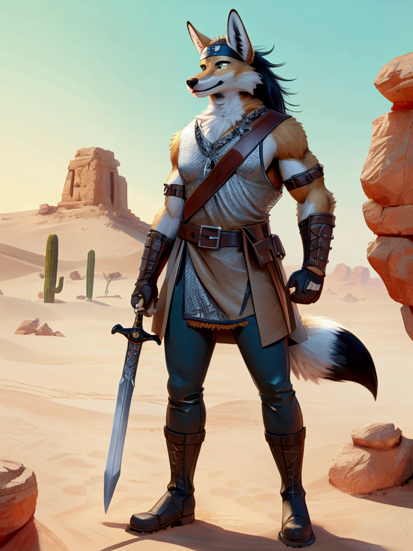 Handsome young anthro furry desert coyote fox male, desert ancient times mercenary solider-assasin murderer, handsome model look gay apperance, handsome muscules, tall, handsome muzzle, handsome shag headband, ruffled old stained tunic with very short sleeves, The glint of his short-sleeved chainmail, exposed beneath the loose-fitting tunic traditionally worn by desert dwellers, caught the dim light. Leather straps crisscrossed over the chainmail, securing various pouches and a sturdy beltyawning pants tied with old leather boots on anthro foot, on the tunic old leather harness with scanty rusty breastplate with armlet, old leather bracers, fingerless gloves, old worn out clothing, old worn out armament, sword scars, desert ancient village street, hot climate, ancient desert times, playfull dirty smile, standing on the shadow street, proffesional digital furry drawing art