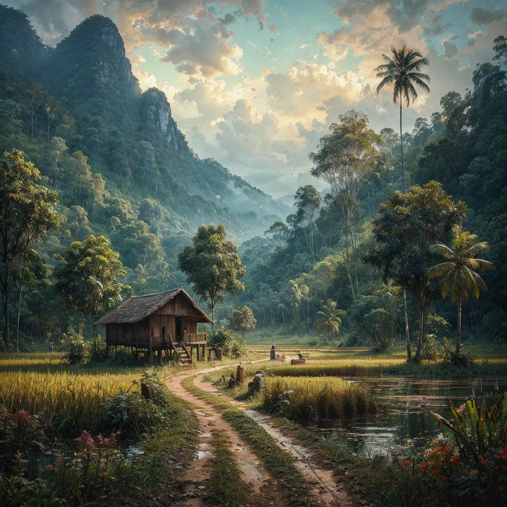 Oil paint splattered era 1960, a view, dirt road junction, There is an open house without a room where 2 people are chatting in the house, there are rice fields & lake, samping kanan kiri forest rapat borneo, there is a mountain background, forest, coconut tree, and trees, there is bush grass, ferns plant,very dark night,naturalism,Realism,very dull canvas,basuki abdullah style,Oil paint splashes are intuitive