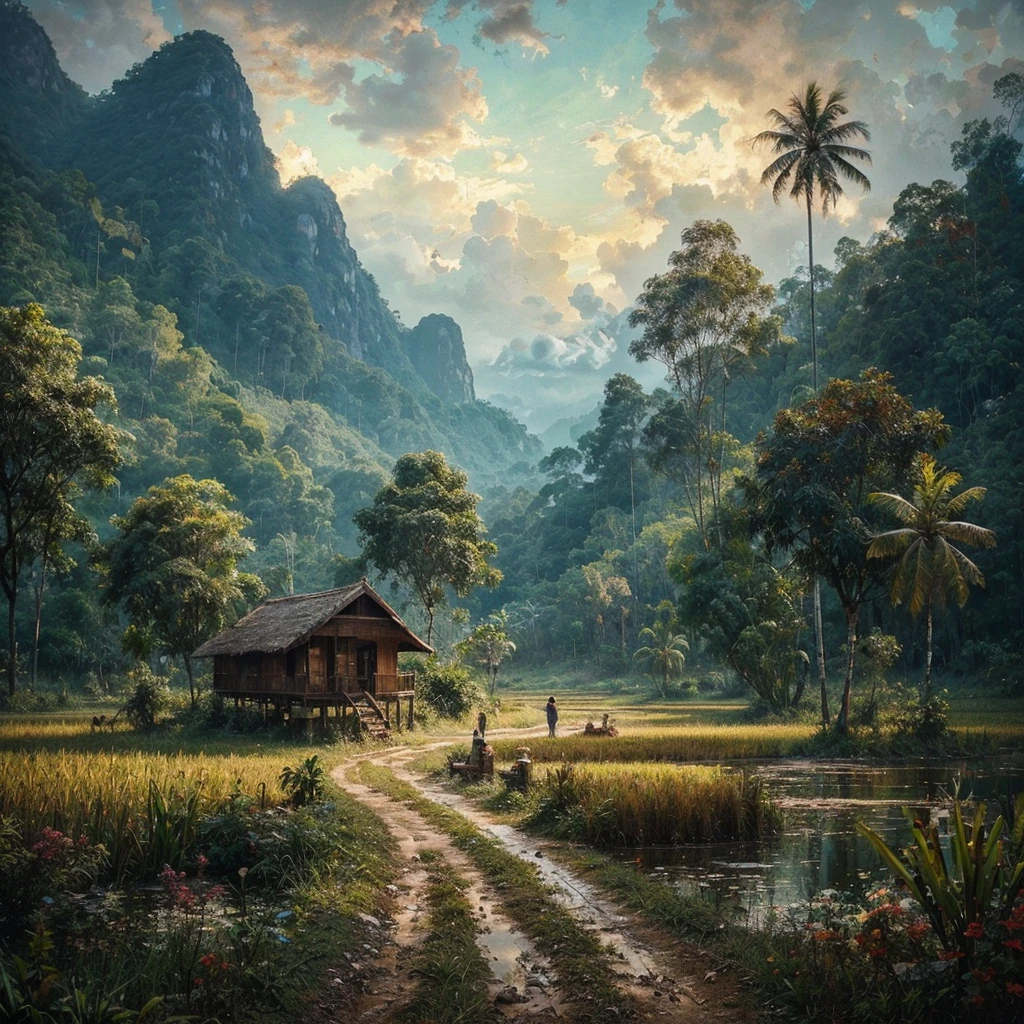 Oil paint splattered era 1960, a view, dirt road junction, There is an open house without a room where 2 people are chatting in the house, there are rice fields & lake, samping kanan kiri forest rapat borneo, there is a mountain background, forest, coconut tree, and trees, there is bush grass, ferns plant,very dark night,naturalism,Realism,very dull canvas,basuki abdullah style,Oil paint splashes are intuitive