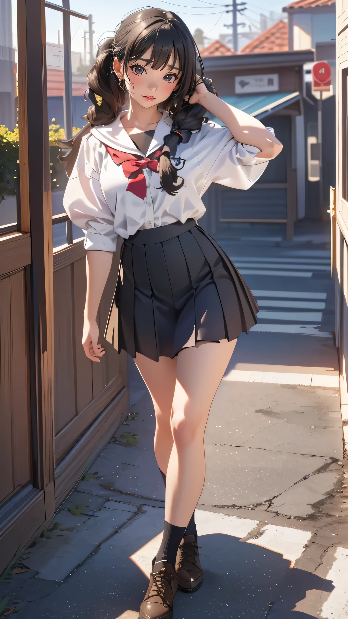 full body,high school girl,(leaning forward:1.2),(random hairstyle),(Highest image quality,(8K), Ultra-realistic, Best Quality, High quality, High Definition, high quality texture, high detailing, Beautiful detailed, fine detailed, extremely details CG, Detailed texture, realistic representation of face, masterpiece, presence)