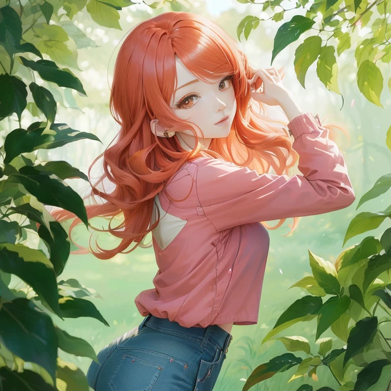 anime girl with long red hair and blue jeans standing in front of a tree, anime style 4 k, beautiful anime girl, anime lush john 8k woods, pretty anime girl, cute anime girl, high quality anime artstyle, beautiful anime portrait, anime wallaper, smooth anime cg art, painted in anime painter studio, digital anime illustration, hd anime wallaper
