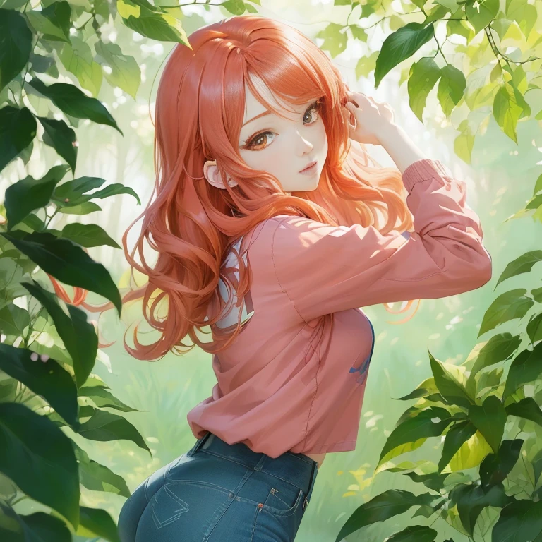 anime girl with long red hair and blue jeans standing in front of a tree, anime style 4 k, beautiful anime girl, anime lush john 8k woods, pretty anime girl, cute anime girl, high quality anime artstyle, beautiful anime portrait, anime wallaper, smooth anime cg art, painted in anime painter studio, digital anime illustration, hd anime wallaper