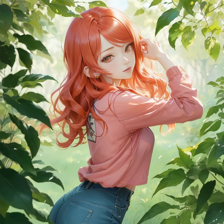 anime girl with long red hair and blue jeans standing in front of a tree, anime style 4 k, beautiful anime girl, anime lush john 8k woods, pretty anime girl, cute anime girl, high quality anime artstyle, beautiful anime portrait, anime wallaper, smooth anime cg art, painted in anime painter studio, digital anime illustration, hd anime wallaper