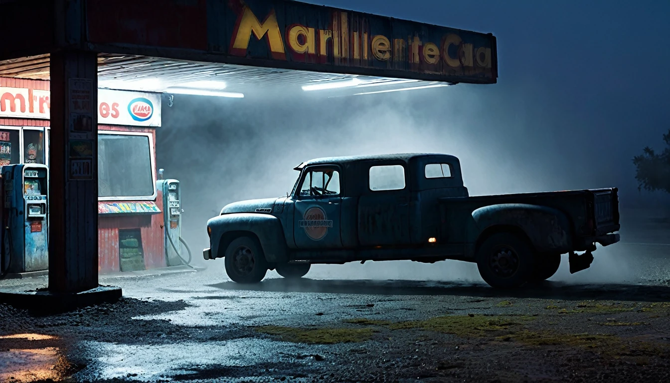 015: Create a detailed and ultra-realistic night scene in a 16:9 format featuring Juan Martínez at an abandoned gas station next to his large, weathered truck with "Martínez Transportes" painted on the side. The scene is thick with an eerie fog that surrounds the truck as Juan checks the engine. In the periphery of his vision, nebulous figures seem to watch his movements, disappearing whenever he looks directly at them. Juan, a 45-year-old truck driver with a weathered face, dark eyes, and short-cropped hair, wearing a worn leather jacket, jeans, and sturdy boots, remains determined not to succumb to fear. He returns to the truck’s cab, finally getting the engine to start. As he quickly drives away from the station, he barely notices a shadowy figure watching him from a broken window of the abandoned convenience store. The atmosphere is tense and foreboding, with the interplay of the truck’s headlights, the dense fog, and the flickering gas station lights enhancing the sense of being watched and the urgency of escaping.
