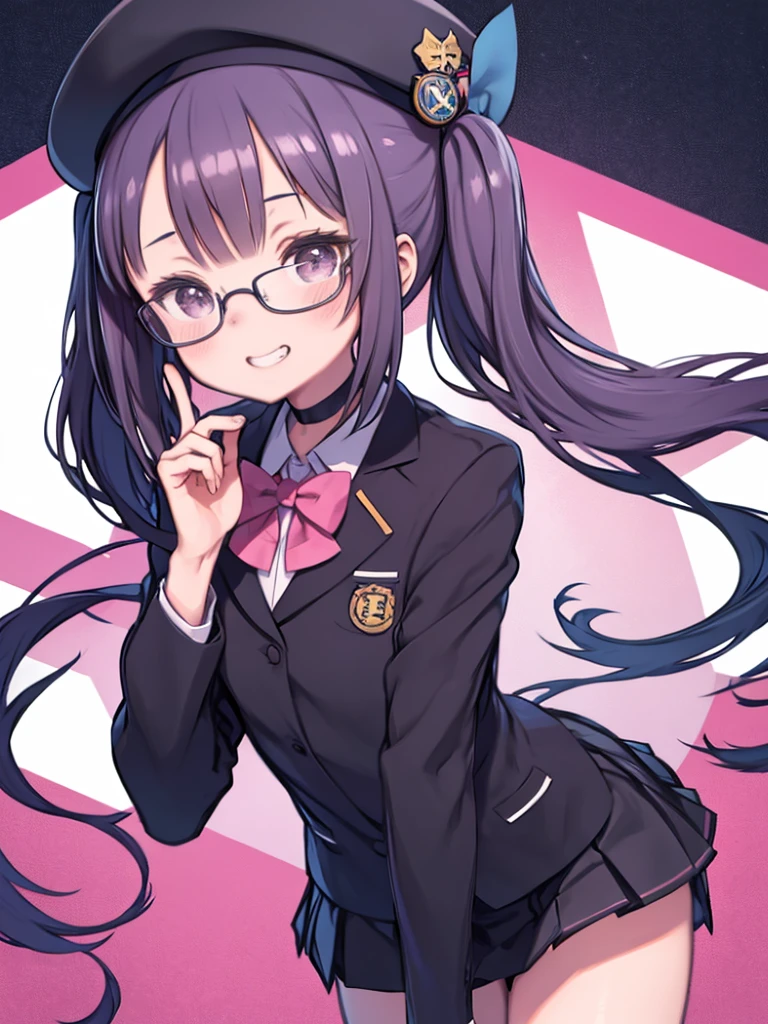 masterpiece, Highest quality, One girl, alone, Yuika School, beret, Glasses, Twin tails, choker, bow, blazer, badge, , Checked skirt, Grin, blush