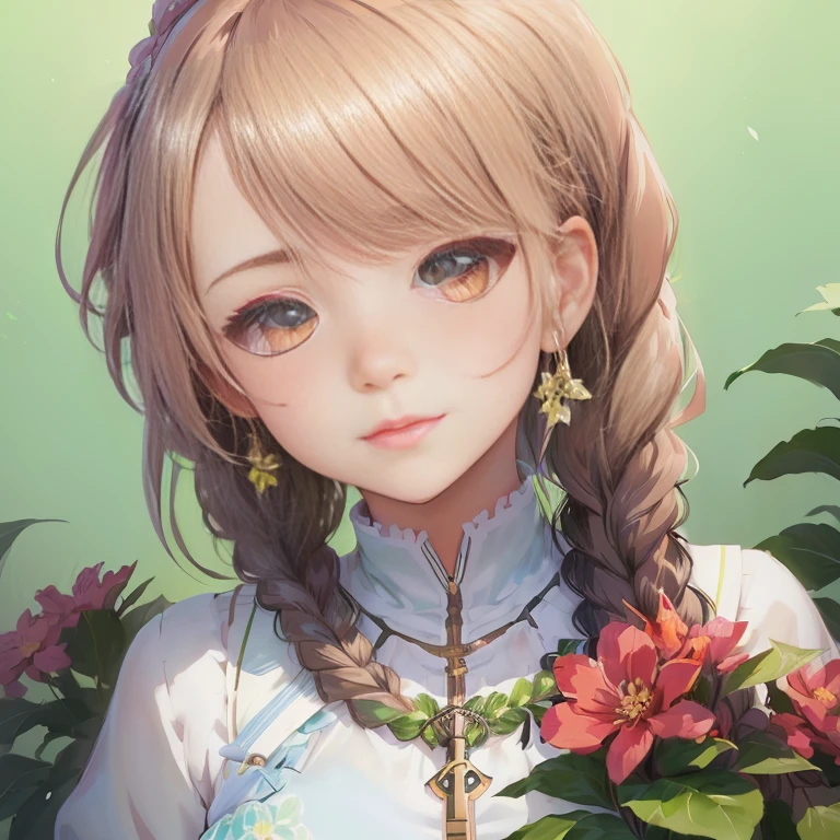 anime girl with braid hair and flower in front of green background, kawaii realistic portrait, detailed portrait of anime girl, crisp clear rpg portrait, fine details. girls frontline, detailed digital anime art, beautiful anime portrait, render of april, from girls frontline, cute portrait, cushart krenz key art feminine, cute anime girl portrait, high quality portrait