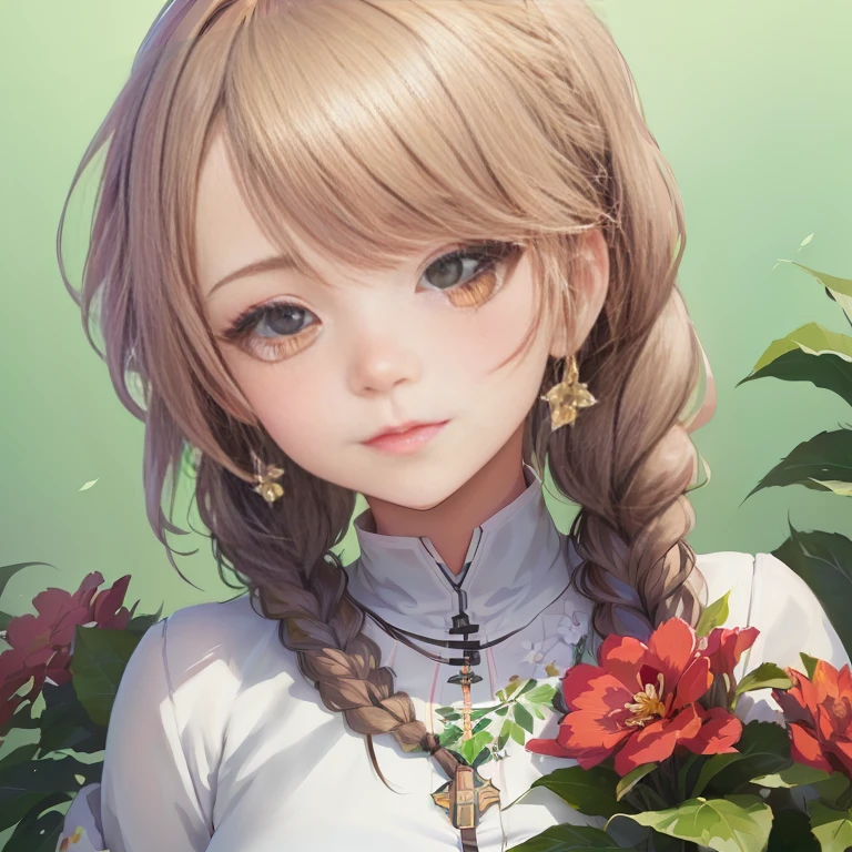 anime girl with braid hair and flower in front of green background, kawaii realistic portrait, detailed portrait of anime girl, crisp clear rpg portrait, fine details. girls frontline, detailed digital anime art, beautiful anime portrait, render of april, from girls frontline, cute portrait, cushart krenz key art feminine, cute anime girl portrait, high quality portrait