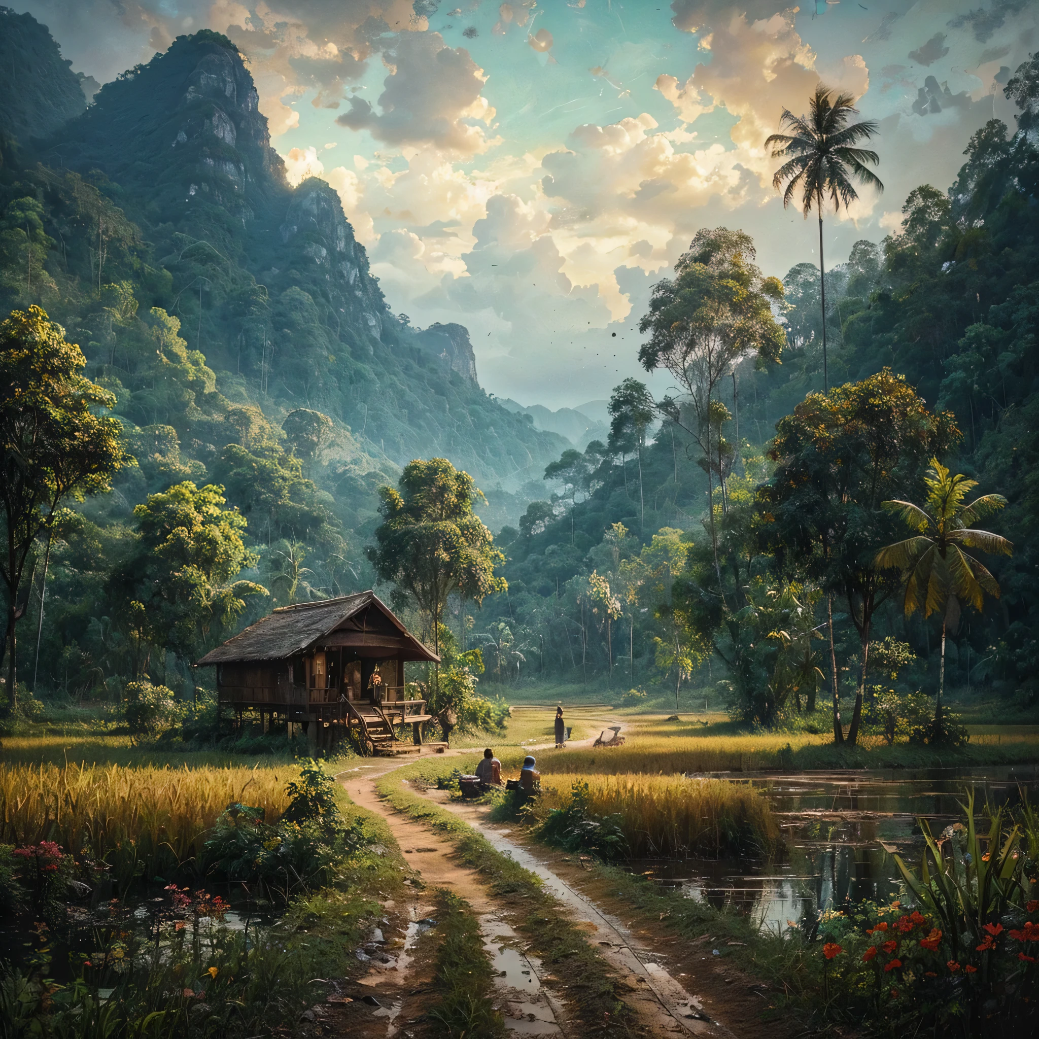 Oil paint splattered era 1960, a view, dirt road junction, There is an open house without a room where 2 people are chatting in the house, there are rice fields & lake, samping kanan kiri forest rapat borneo, there is a mountain background, forest, coconut tree, and trees, there is bush grass, ferns plant,very dark night,naturalism,Realism,very dull canvas,basuki abdullah style,Oil paint splashes are intuitive