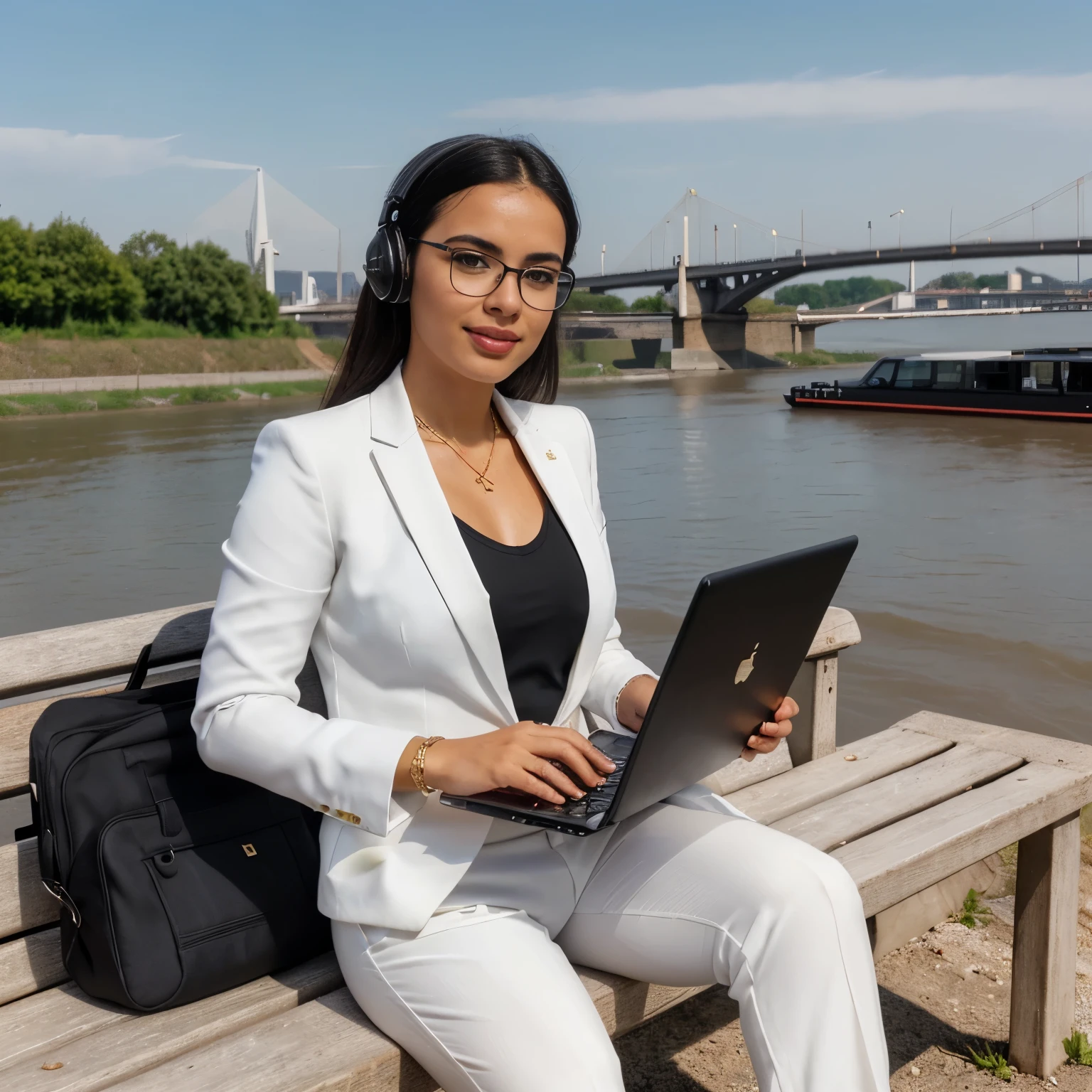 Adriana Morales is a beautiful young Spanish woman, beautiful rectangular face, she wears glasses, subtle make-up, soft skin, beautiful eyes, slick hair, medium breasts, taken from the front bottom, (best quality:1.4), (ultra highres:1.2), (photorealestic:1.4), (8k, RAW-Foto:1.2), Vivid colors, The model is staged as a digital nomad, she is working on a laptop, on a bench by the Rhine, smartphone, headset and a pen lie next to it, (long white shirt), (black suit pants:1.5), ((white sneakers without socks)), gold watch, gold necklace
