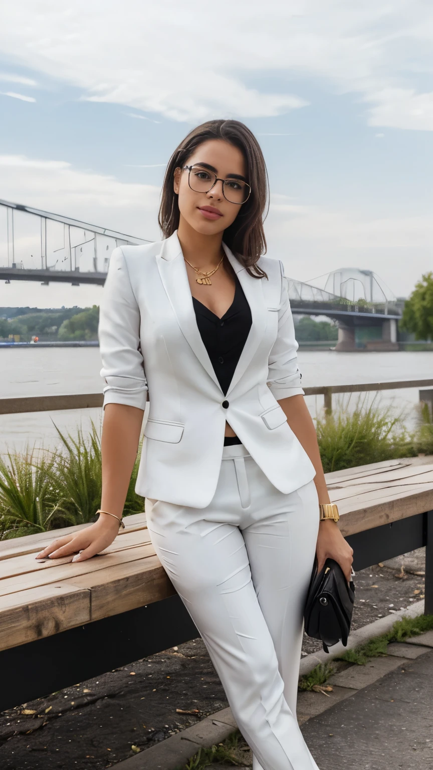 Adriana Morales is a beautiful young Spanish woman, beautiful rectangular face, she wears glasses, subtle make-up, soft skin, beautiful eyes, slick hair, medium breasts, taken from the front bottom, (best quality:1.4), (ultra highres:1.2), (photorealestic:1.4), (8k, RAW-Foto:1.2), Vivid colors, The model is staged as a digital nomad, she is working on a laptop, on a bench by the Rhine, smartphone, headset and a pen lie next to it, (long white shirt), (black suit pants:1.5), ((white sneakers without socks)), gold watch, gold necklace