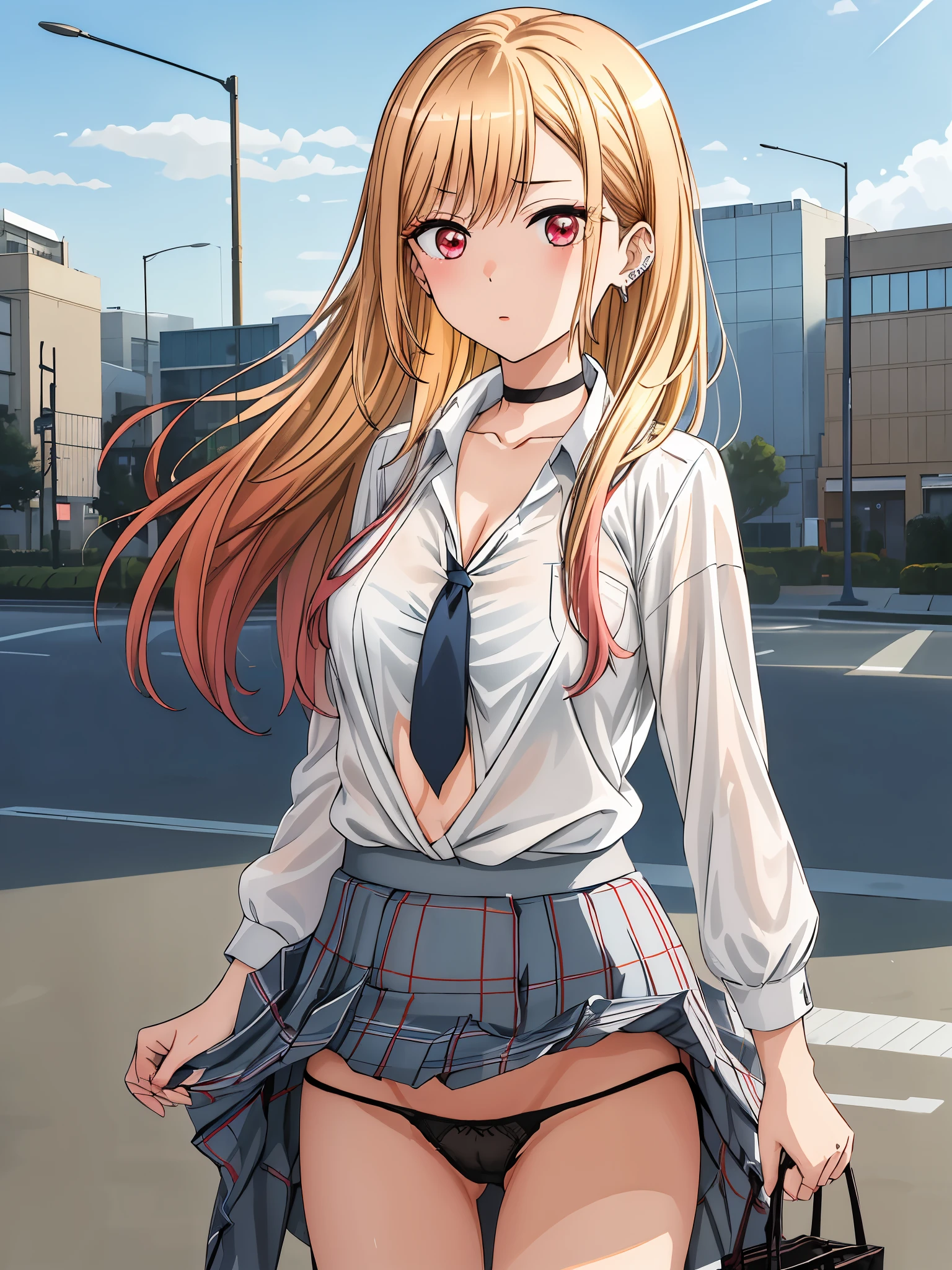 masterpiece, Highest quality, High resolution, Kidaka Marine SB, 1 girl, Blonde, Long Hair, Colorful Hair, Red eyes, jewelry, Earrings, Earrings, , White shirt, Tied Shirt, Black choker, Blue tie, Checked skirt, (whole body), Lacy black panties,(Showing panties:1.3),  (Panty shot:1.3), ((Open front shirt)), (I can see your bra:1.3), Cleavage, (The wind is blowing my skirt away:1.3), Outdoor, shopping, Kitagawa Marin、 (Perfect hands, Perfect Anatomy),