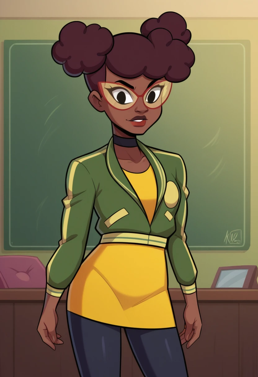 score_9,score_8_up,score_7_up BREAK April2018,1girl,yelskirt,black hair,black eyes,=jacket,choker,dark skin,hair bun,dark-skinned female,double bun,yellow shirt,leggings,very dark skin,afro,cowboy shot,room,room background,