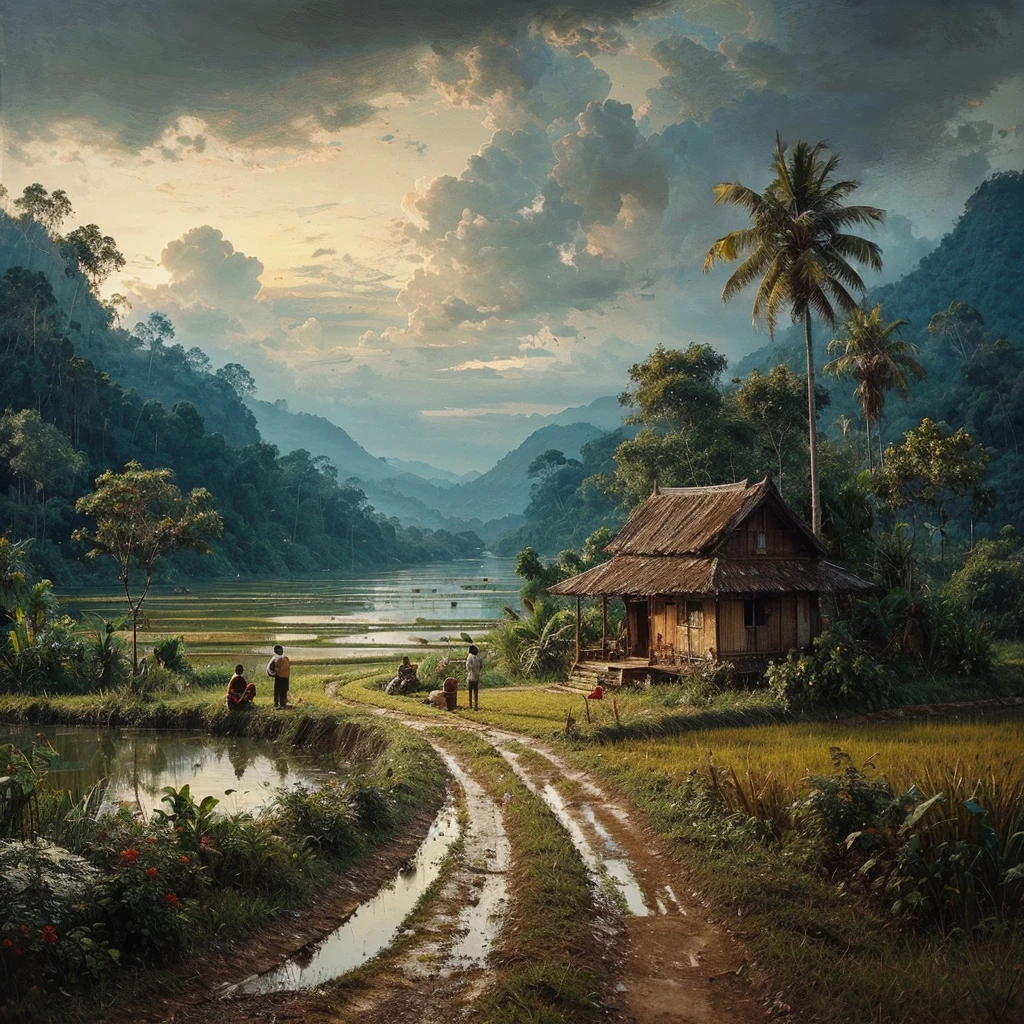 Oil paint splattered era 1960, a view, dirt road junction, There is an open house without a room where 2 people are chatting in the house, there are rice fields & lake, samping kanan kiri forest rapat borneo, there is a mountain background, forest, coconut tree, and trees, there is bush grass, ferns plant,very dark night,naturalism,Realism,very dull canvas,basuki abdullah style,Oil paint splashes are intuitive