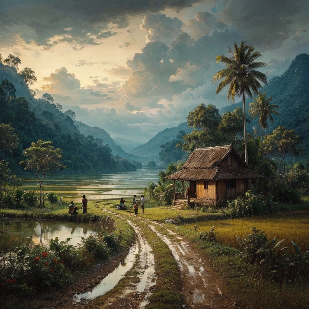 Oil paint splattered era 1960, a view, dirt road junction, There is an open house without a room where 2 people are chatting in the house, there are rice fields & lake, samping kanan kiri forest rapat borneo, there is a mountain background, forest, coconut tree, and trees, there is bush grass, ferns plant,very dark night,naturalism,Realism,very dull canvas,basuki abdullah style,Oil paint splashes are intuitive