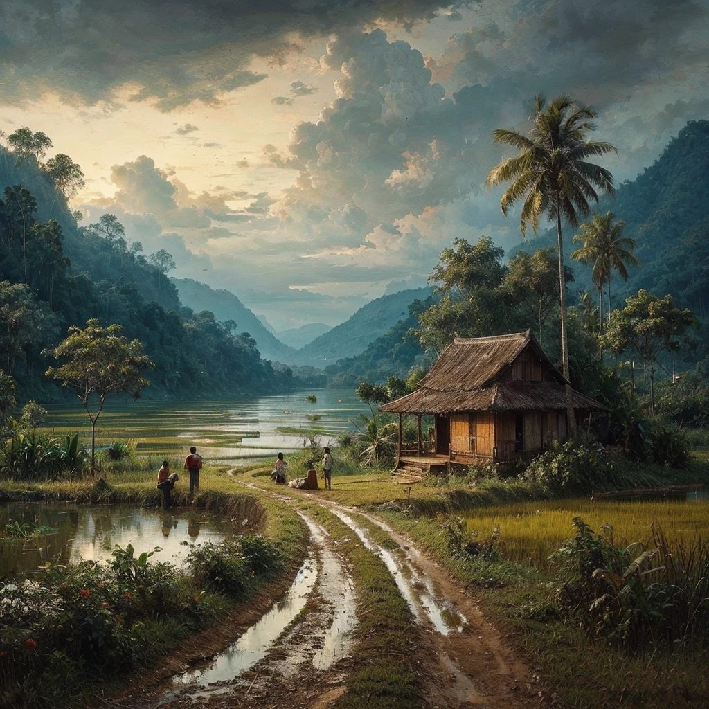 Oil paint splattered era 1960, a view, dirt road junction, There is an open house without a room where 2 people are chatting in the house, there are rice fields & lake, samping kanan kiri forest rapat borneo, there is a mountain background, forest, coconut tree, and trees, there is bush grass, ferns plant,very dark night,naturalism,Realism,very dull canvas,basuki abdullah style,Oil paint splashes are intuitive
