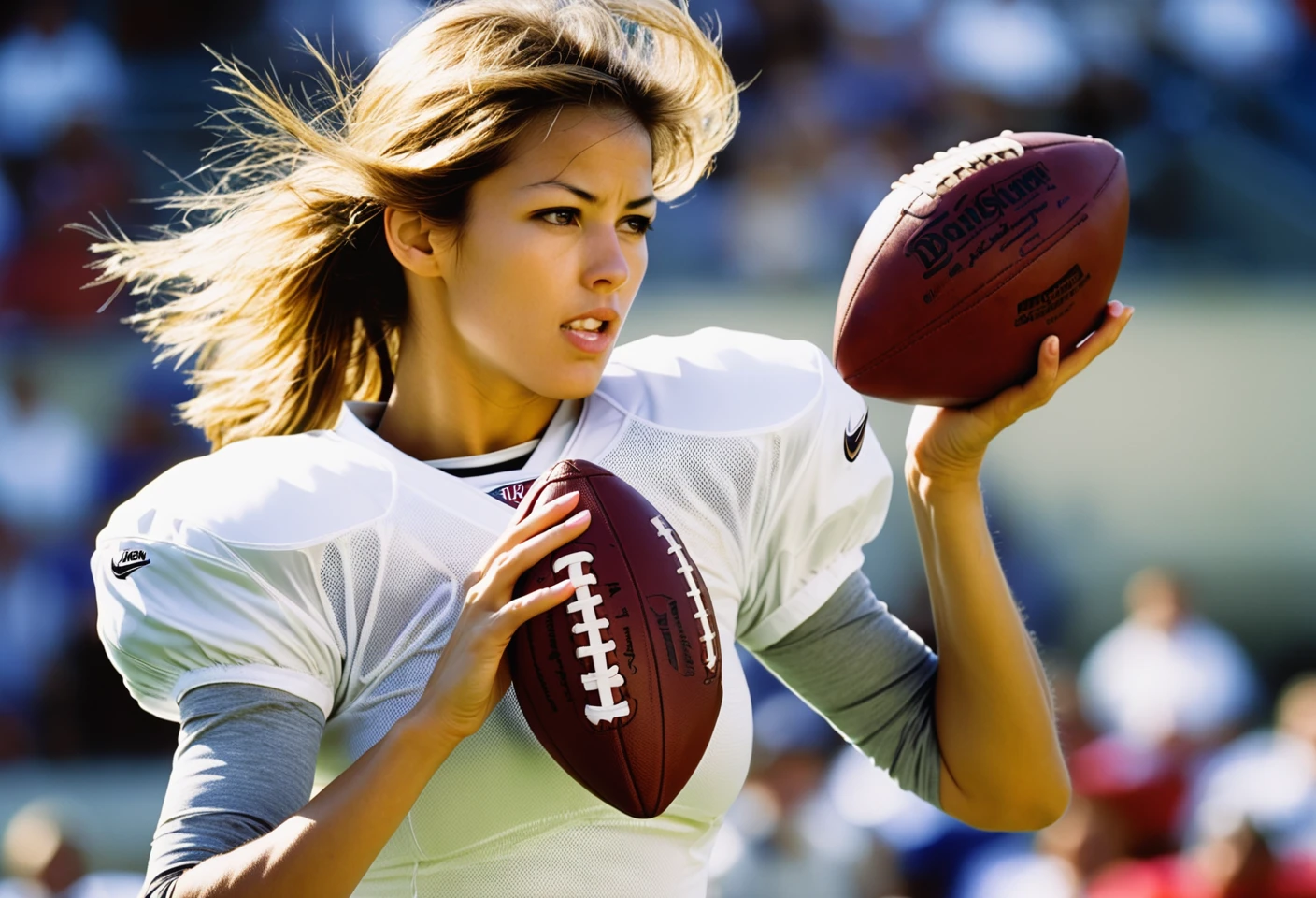Photo, Closeup female quarterback throwing a football, midriff. Style by Masamune Shirow, Canon 5d Mark 4, Kodak Ektar, 35mm
