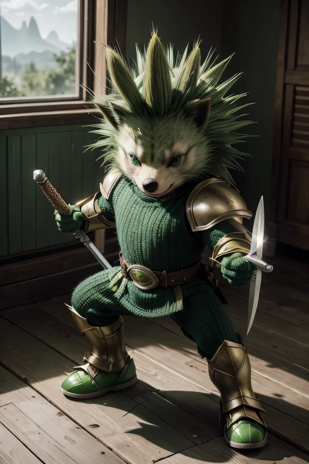 Create a cartoon character, a green porcupine, super heroi, with a sword, he must be strong and wearing armor.