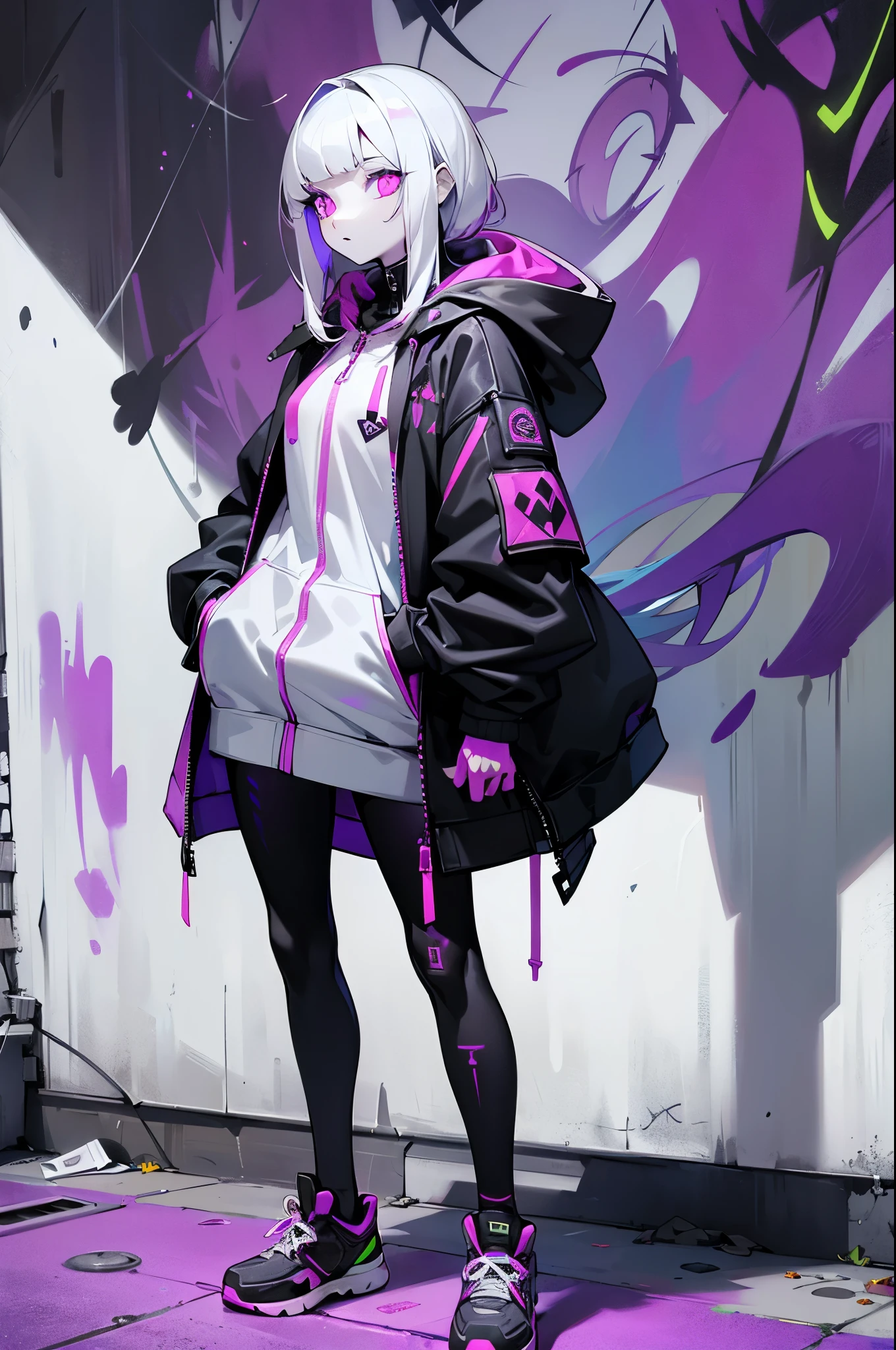 1girl, ((ultra detailed eyes)), glowing purple eyes, hoodie, unzipped coat, ((hood on)), white skin girl, front bangs, edgy, standing in front of a graffiti-covered wall, street fashion, sneakers, spray paint cans, cyberpunk theme
