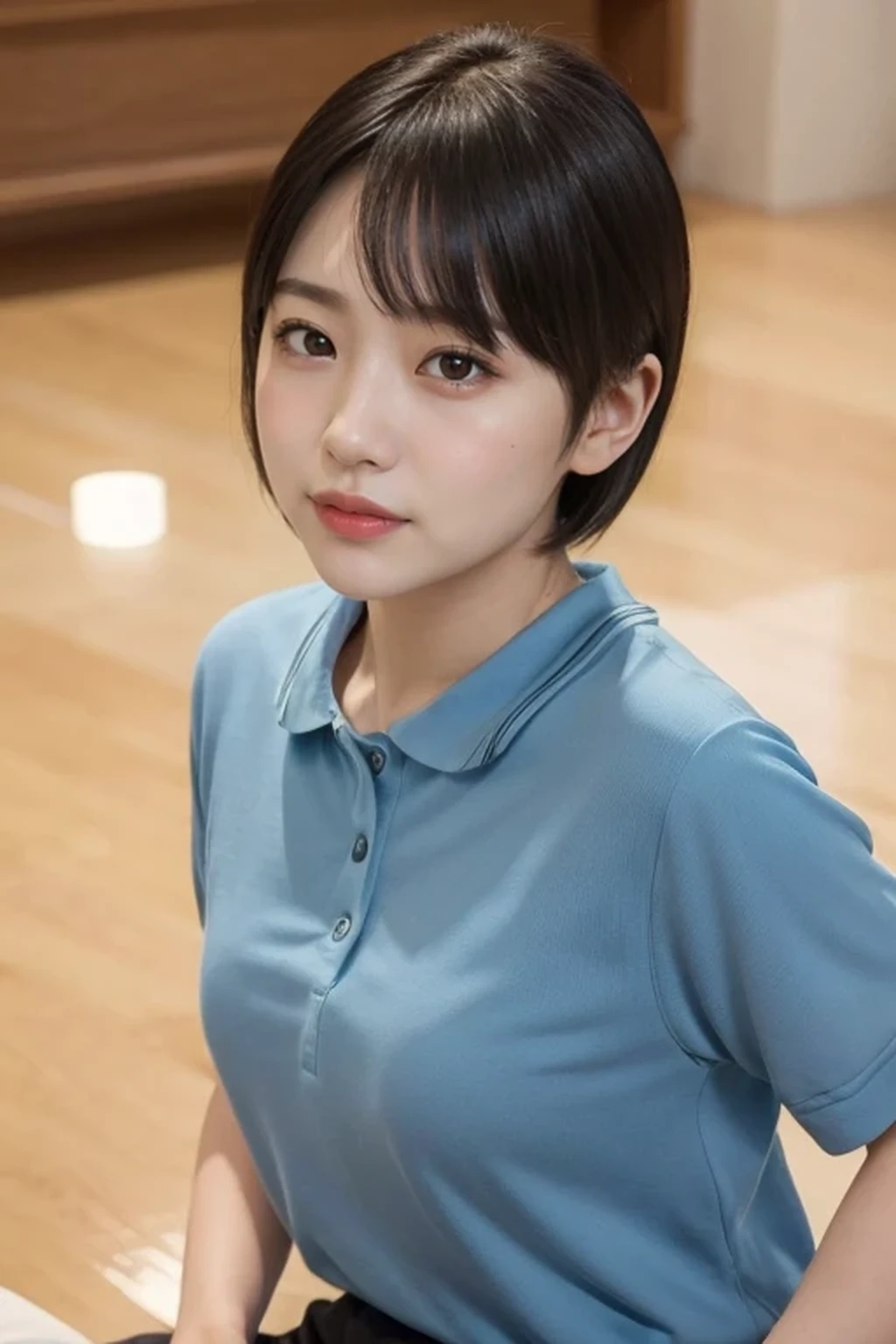 (photorealistic:1.2), 1 young female, (beautiful face:1.2), (no makeup face:1.3), break, (full body shot:1.5), break, indoor, classroom, (dynamic angle:1.1), from side, break, photo of young Japanese female, (14 years old:1.4), detailed pores and skin lines, break, happy, very fine eyes, break, (small breasts:0.5), black eyes, black hair, (short cut hair:1.2), break, (eyes and faces with detailed:1.0), break, (masterpiece, best quality, ultra detailed, detailed face, 8k), (rim light:1.2), upper body