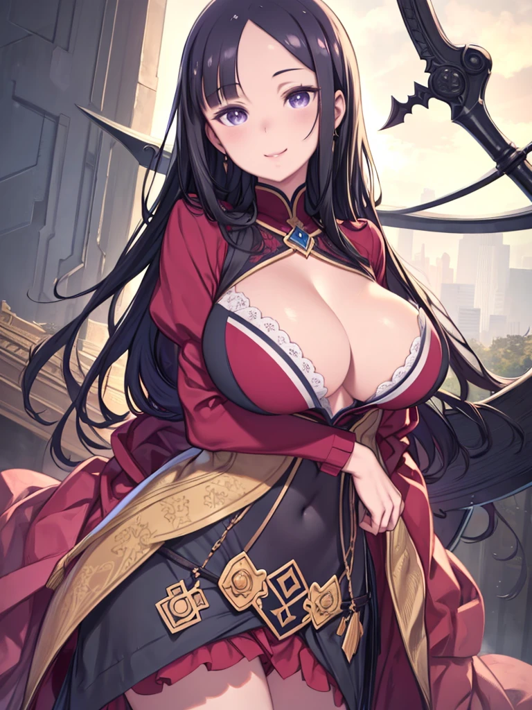 ((masterpiece)), ((Highest quality)), ((Ultra-realistic)), ((4K)), Curvy, expensive, Huge breasts, stomach, Queen様, Queen, Shooting from below, Beautiful black hair, Beautiful purple eyes, Has a giant scythe, smile, Hold your chest, Press the chest, Cross your arms, Ultra-realisticスキン, Hugging a