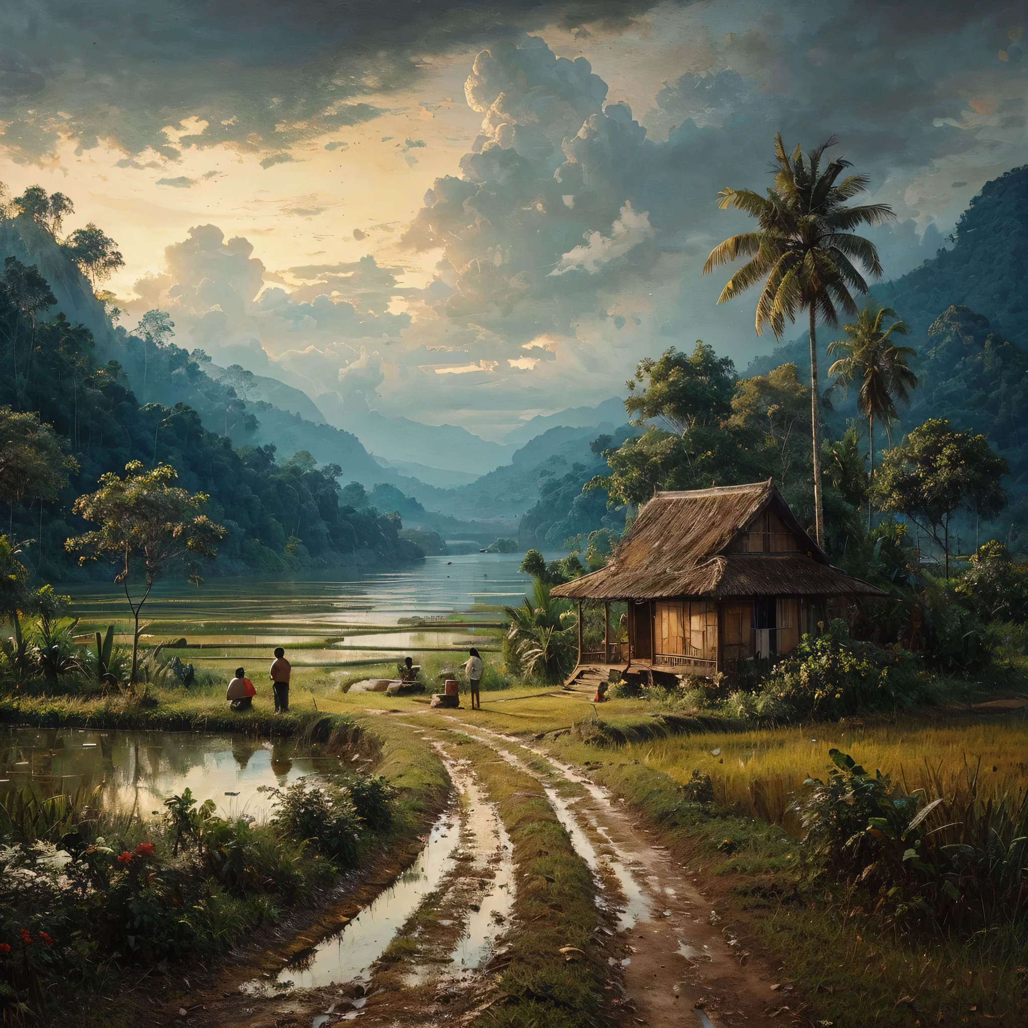 Oil paint splattered era 1960, a view, dirt road junction, There is an open house without a room where 2 people are chatting in the house, there are rice fields & lake, samping kanan kiri forest rapat borneo, there is a mountain background, forest, coconut tree, and trees, there is bush grass, ferns plant,very dark night,naturalism,Realism,very dull canvas,basuki abdullah style,Oil paint splashes are intuitive