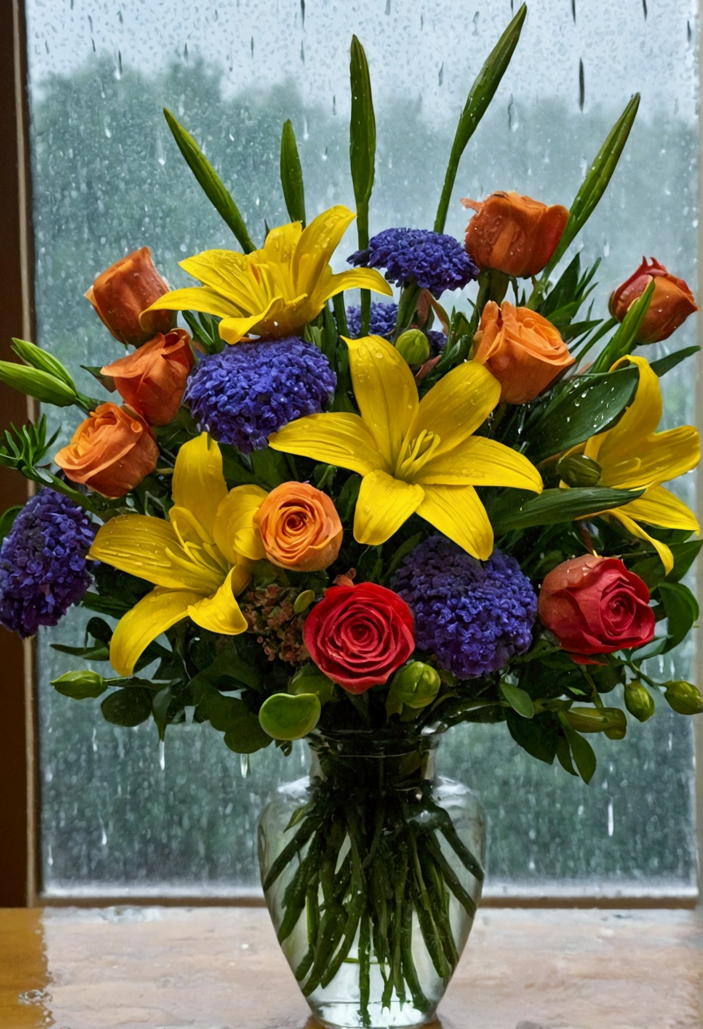 Bouquet of flowers on a rainy day