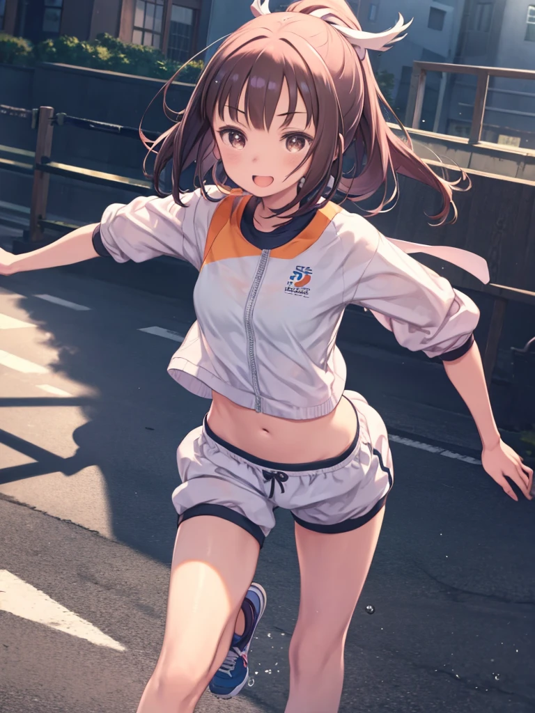 1 girl, alone,smile, natsunominami,Gym suit, Bloomers, Brown eyes,Highest quality,Best image quality,In 8K,4K,masterpiece,Ultra-detailed,beautiful、super high quality, Highest quality,High resolution, Very detailed,Game CG,Dutch Angle,beautiful細部までこだわった目,Five Fingers,beautiful少女,Wet,(Running Form:1.4),Open your mouth,belly button