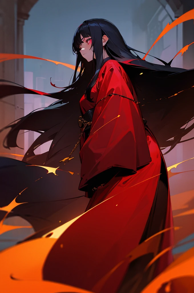 (( best quality, masterpice, )) Crimson eyes, glowing eyes, night, red robe, standing, female, long hair, black hair, white skin