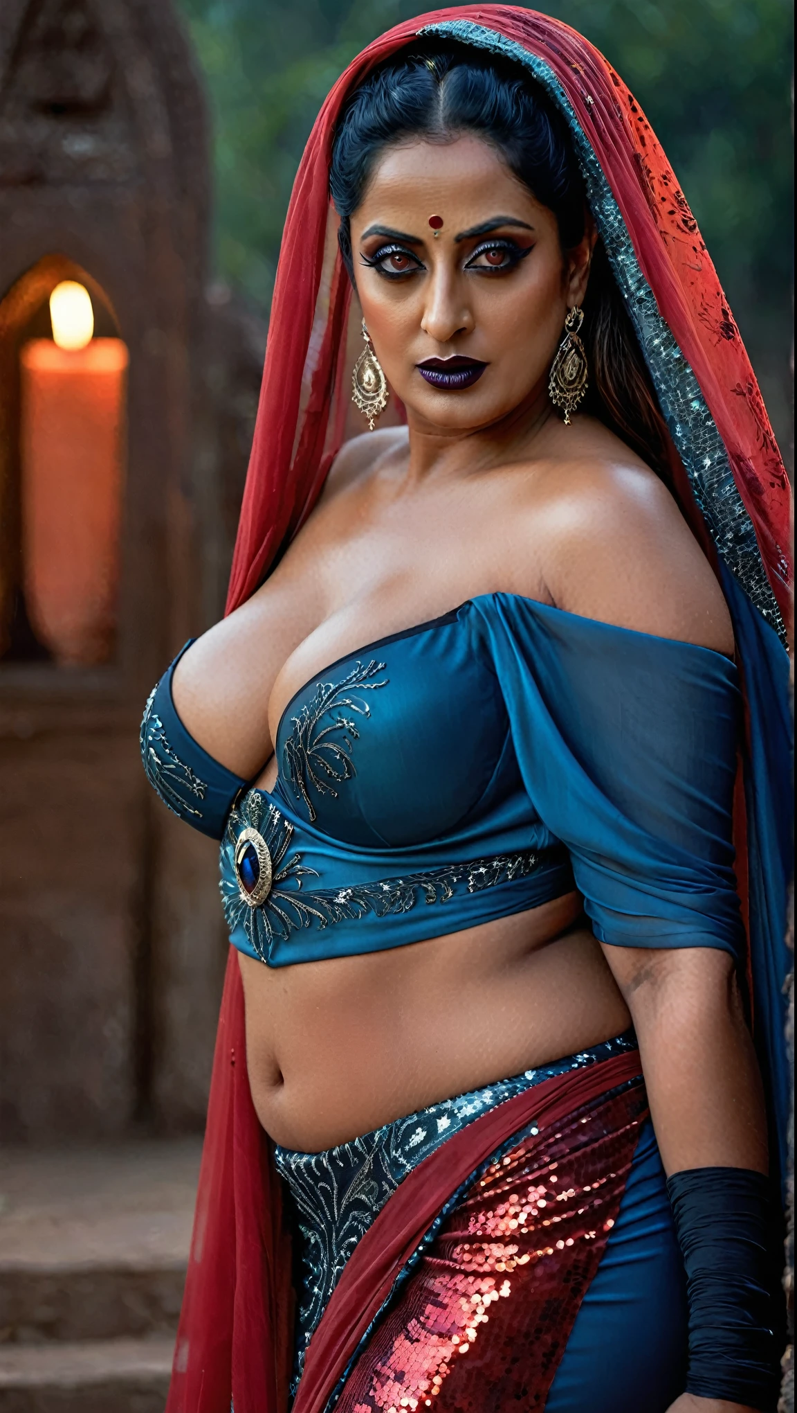 Looks like Mahie Gill, full body Closeup shot, Big chubby aunty, milf, cougar lady witch, fierce eyes, evil seductress, wide body, horny Gothic milf, 60 years old gorgeous mature lady, pervert demoness, demoness of lust, curvy, black lips, horny face, extremely gorgeous, thick figure, heavy physique, voluptuous, curvy, sexy figure, Fashionable portrait of androgynous alien looking witch wearing veil, glowing eyes, futuristic design, minimal details, givenchy, photoreal, 200mm, hd, f/ 2.0, highly detailed, surreal, sexy beautiful evil woman, sexy bold sequin Saree with strapless Bra, chudail, Pishachini, horror genre, blood-thirsty enchantress, powerful female spirit, eerie, drop dead, in the style of red and blue, (intricate details, hyperdetailed:1.15) (skin texture:1.2), dark Moody tone, cinematic lighting, haunted place in background, evil seductress,