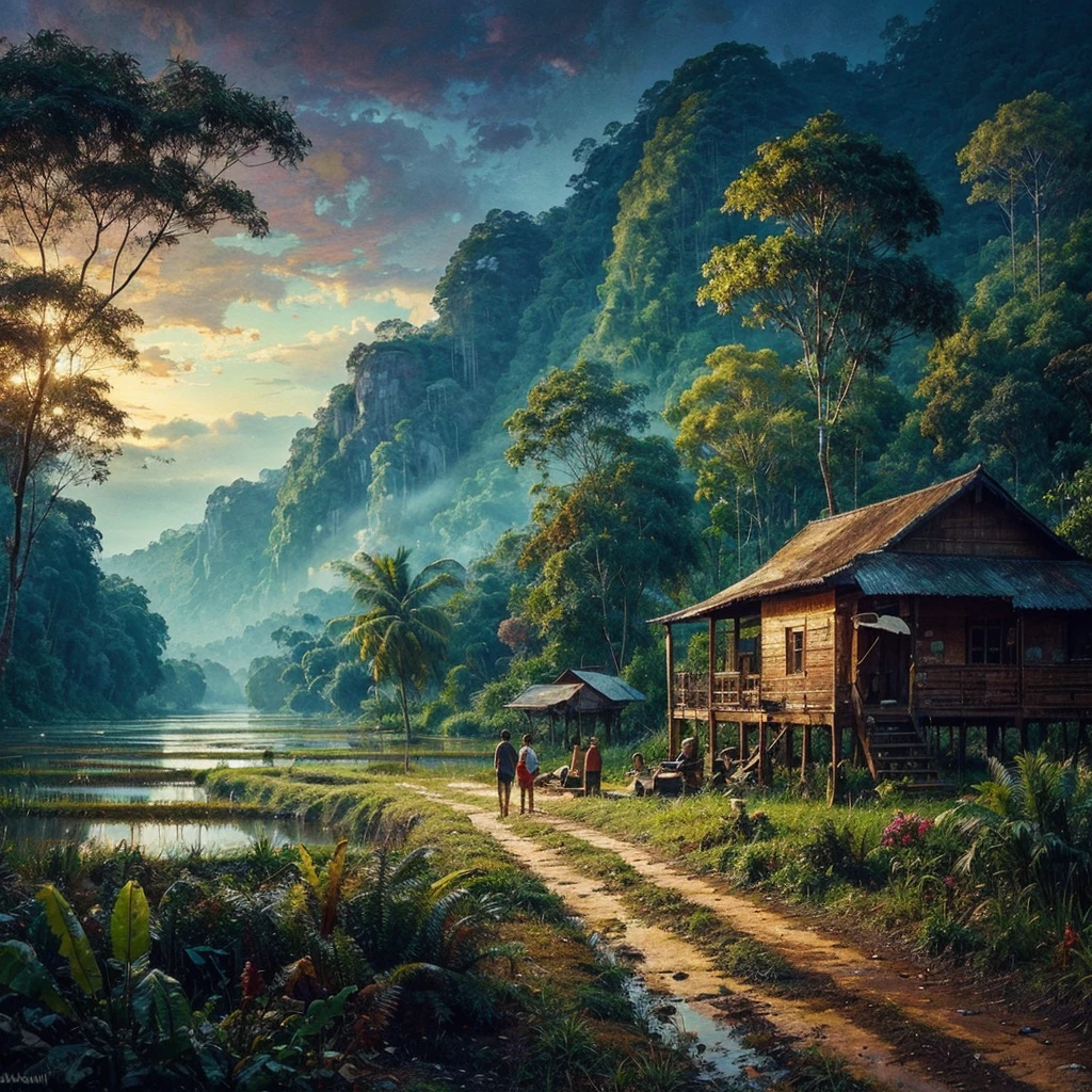 Oil paint splattered era 1960, a view, dirt road junction, There is an open house without a room where 2 people are chatting in the house, there are rice fields & lake, samping kanan kiri forest rapat borneo, there is a mountain background, forest, coconut tree, and trees, there is bush grass, ferns plant,very dark night,naturalism,Realism,very dull canvas,basuki abdullah style,Oil paint splashes are intuitive