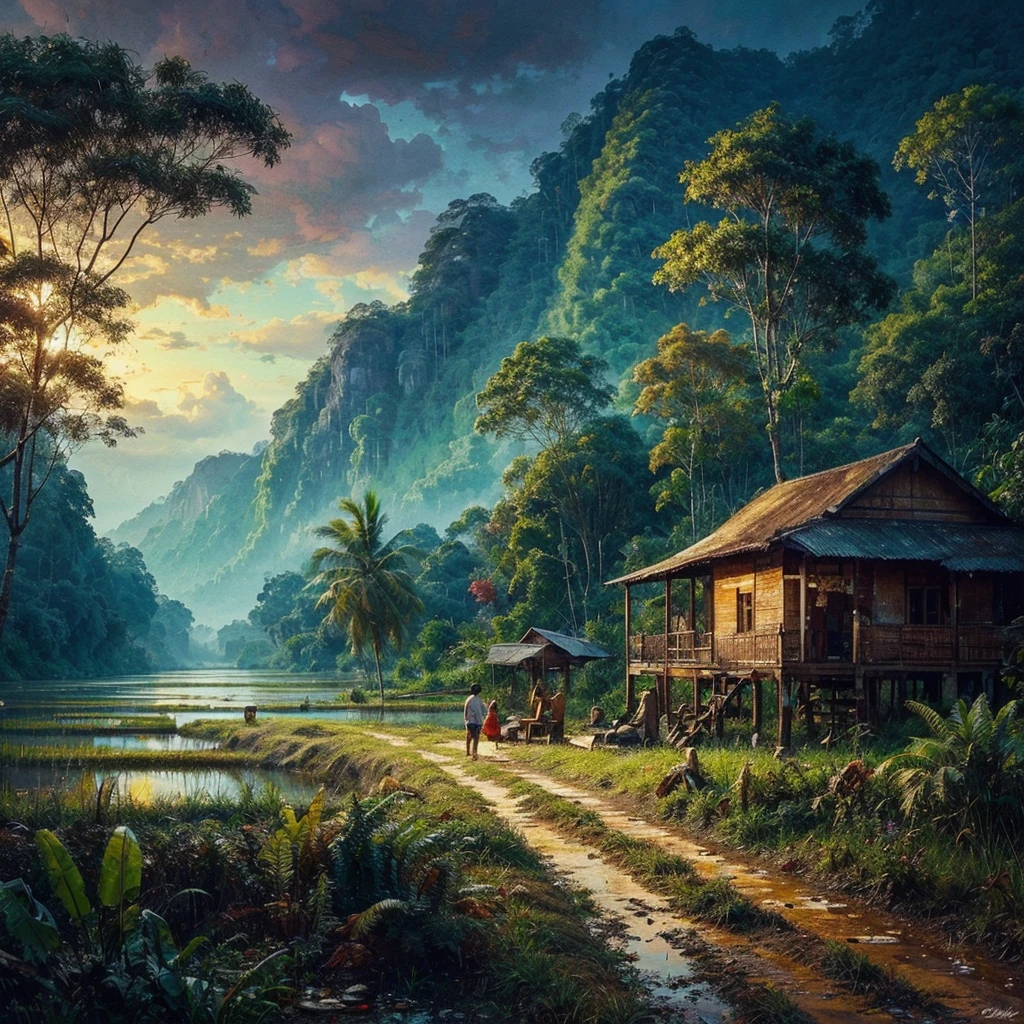 Oil paint splattered era 1960, a view, dirt road junction, There is an open house without a room where 2 people are chatting in the house, there are rice fields & lake, samping kanan kiri forest rapat borneo, there is a mountain background, forest, coconut tree, and trees, there is bush grass, ferns plant,very dark night,naturalism,Realism,very dull canvas,basuki abdullah style,Oil paint splashes are intuitive