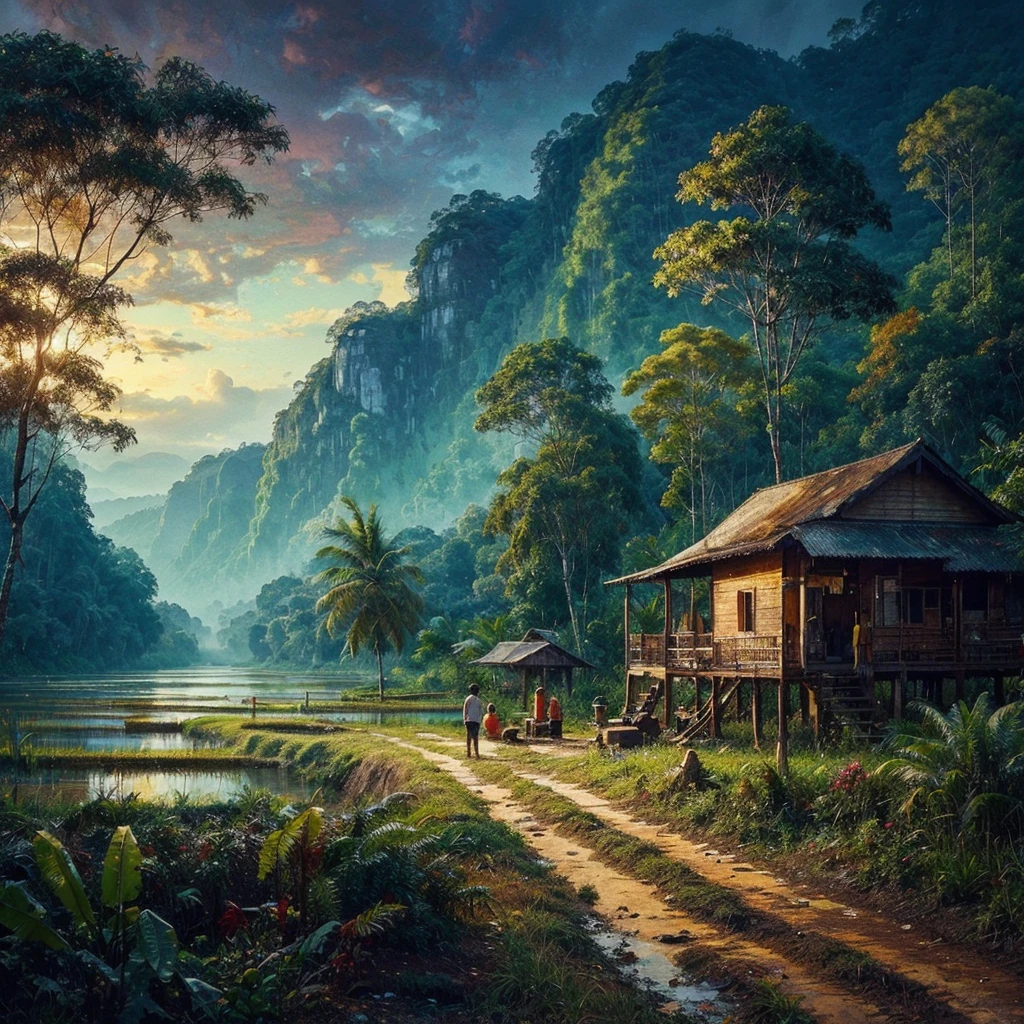 Oil paint splattered era 1960, a view, dirt road junction, There is an open house without a room where 2 people are chatting in the house, there are rice fields & lake, samping kanan kiri forest rapat borneo, there is a mountain background, forest, coconut tree, and trees, there is bush grass, ferns plant,very dark night,naturalism,Realism,very dull canvas,basuki abdullah style,Oil paint splashes are intuitive