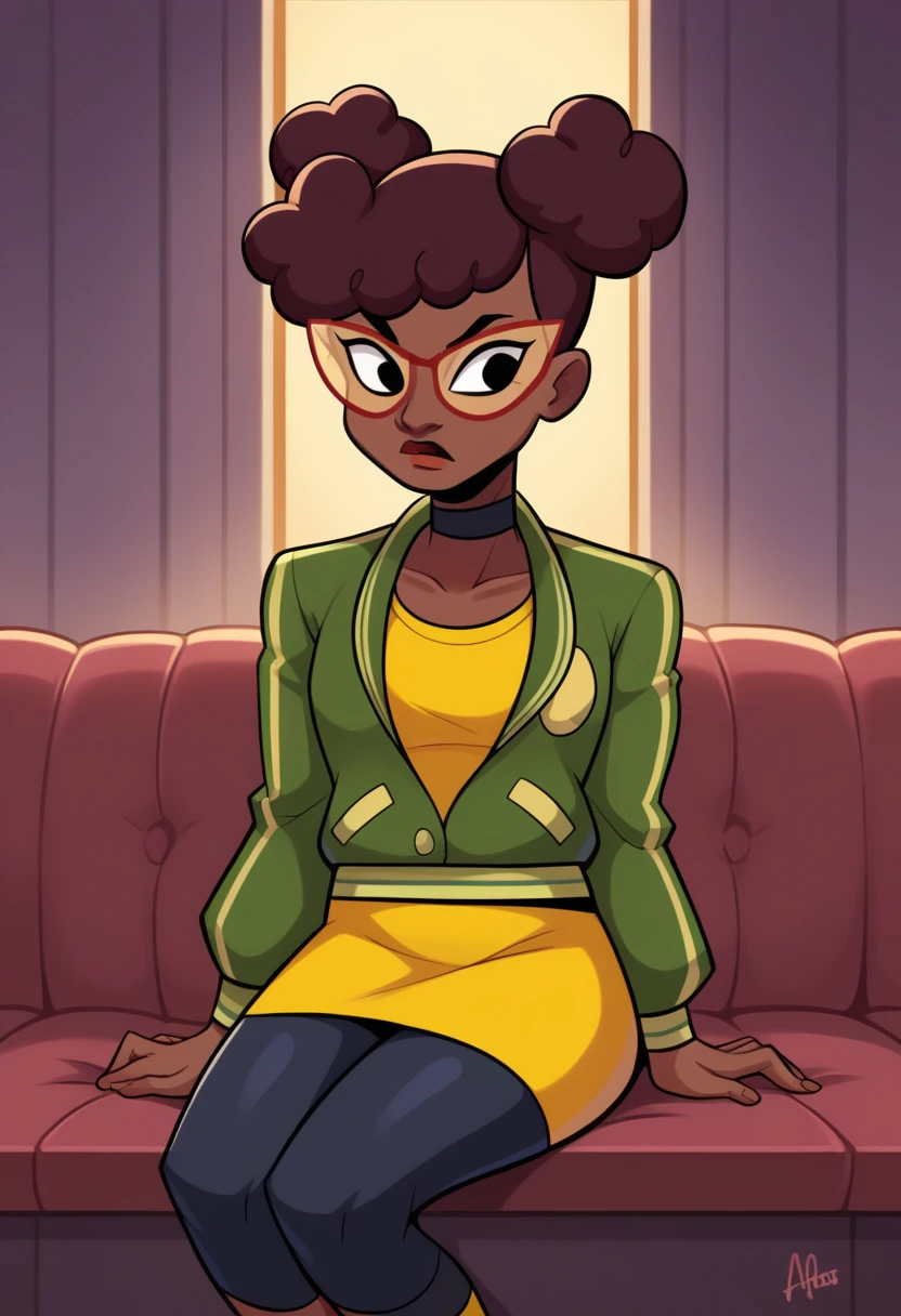 score_9,score_8_up,score_7_up BREAK April2018,1girl,yellow skirt,black hair,black eyes,jacket,choker,dark skin,hair bun,dark-skinned female,double bun,yellow shirt,leggings,very dark skin,afro,cowboy shot,room,room background,sitting,