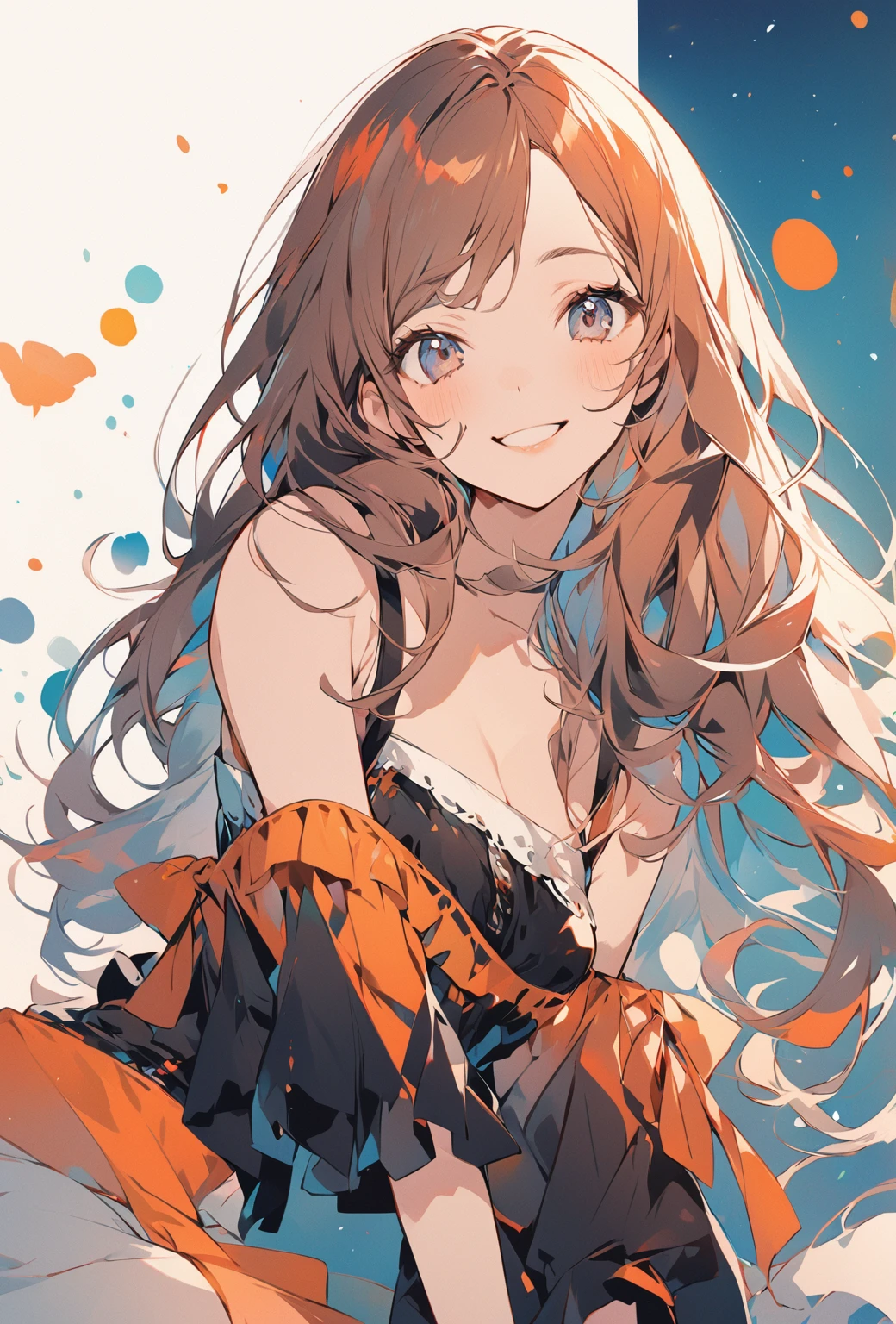 Wearing off-the-shoulder clothing,Slightly elongated face,Cute woman with a smile,Long Hair、Adult women,Illustration-like、Illustration