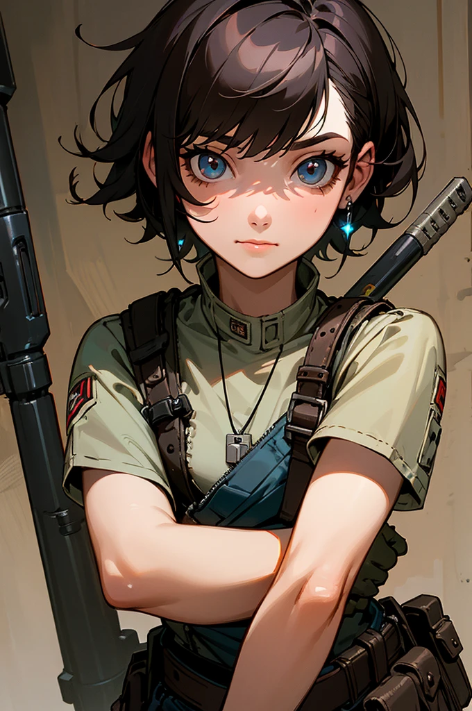 (high-quality, breathtaking),(expressive eyes, perfect face) Symmetrical Eyes, portrait, Star Wars Universe, 1girl, female, adult, mechanic, punk jacket, shirt, short sleeved, gloves, pants, belt, wrench, crystals, messy hair, black hair color, brown eye color, short hair length, stylized hairstyle, pixie haircut, tall, technician outfit, engineer, sci fi workshop background, work bench, tools, mature, narrow eyes, dog tag necklaces, soft smile, soft eyelashes, age 28