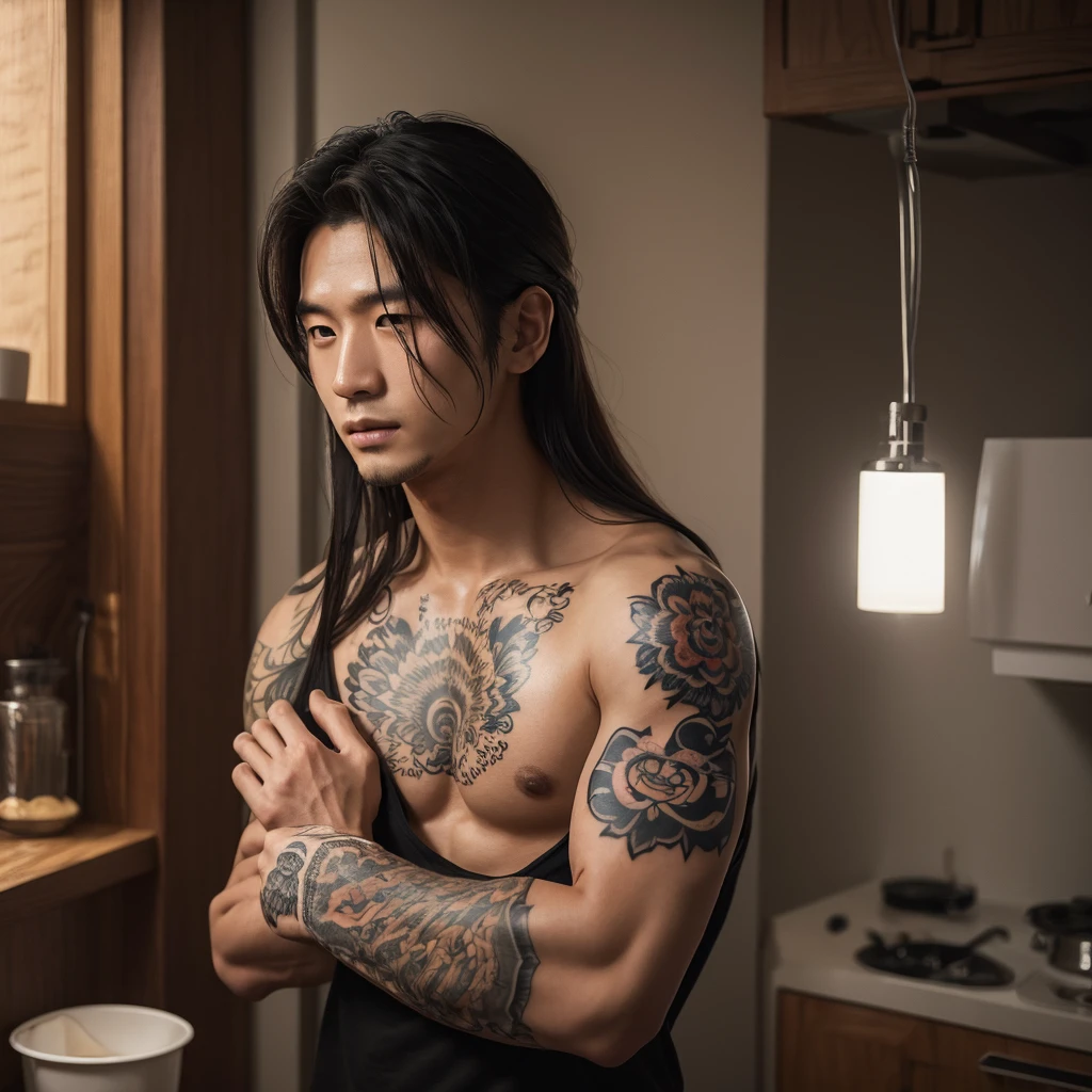 a handsome korean man with long hair, clean face, tattoo on right arm, observing a house project, detailed portrait, cinematic lighting, photorealistic, 8k, high quality, hyperrealistic, realistic skin texture, extremely detailed, masterpiece, award winning digital art