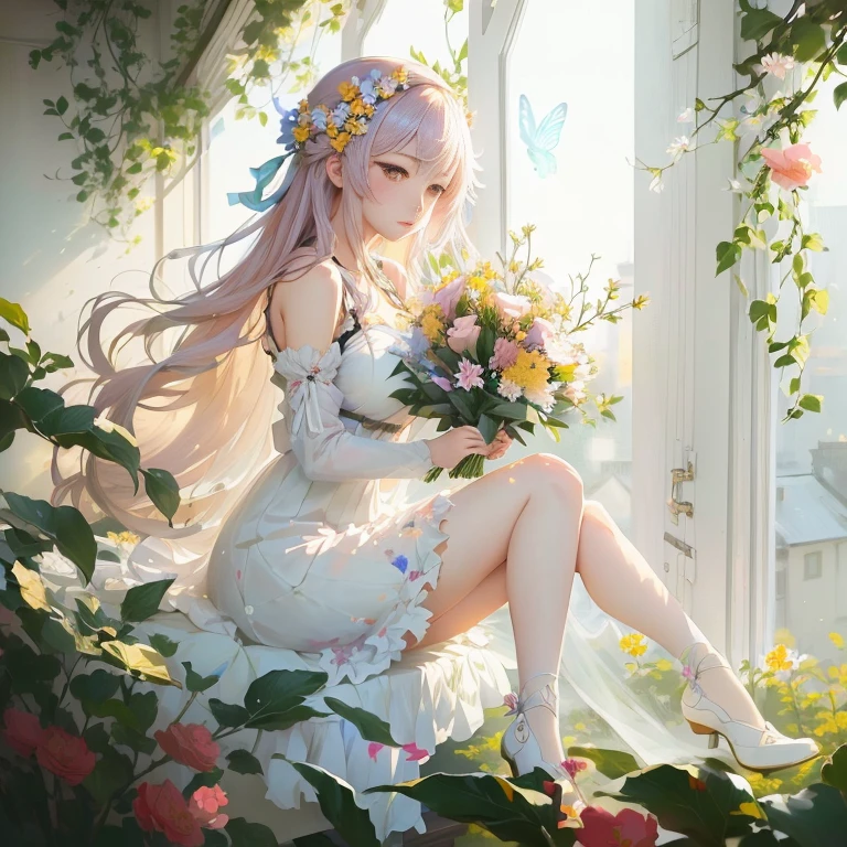 anime girl sitting on a window sill with flowers in her hand, in dress, cute anime waifu in a nice dress, guweiz on pixiv artstation, beautiful anime girl, painted in anime painter studio, guweiz on artstation pixiv, beautiful anime, with flowers, marin kitagawa fanart, beautiful maiden