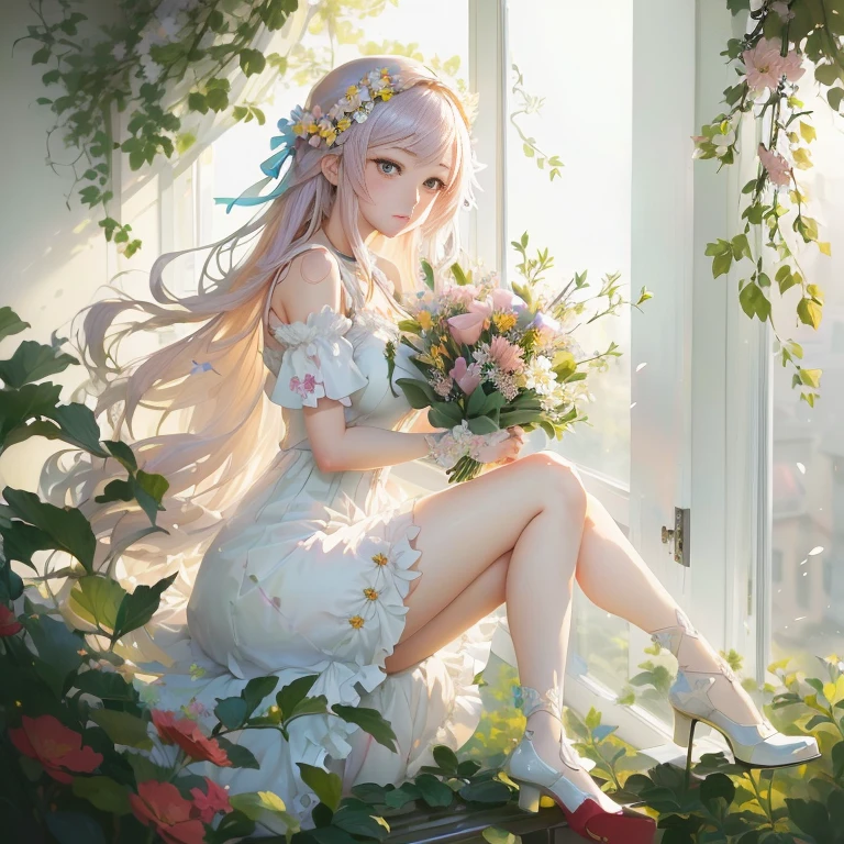 anime girl sitting on a window sill with flowers in her hand, in dress, cute anime waifu in a nice dress, guweiz on pixiv artstation, beautiful anime girl, painted in anime painter studio, guweiz on artstation pixiv, beautiful anime, with flowers, marin kitagawa fanart, beautiful maiden
