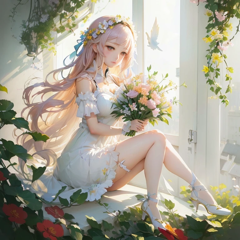 anime girl sitting on a window sill with flowers in her hand,  in dress, cute anime waifu in a nice dress, guweiz on pixiv artstation, beautiful anime girl, painted in anime painter studio, guweiz on artstation pixiv, beautiful anime, with flowers, marin kitagawa fanart, beautiful maiden