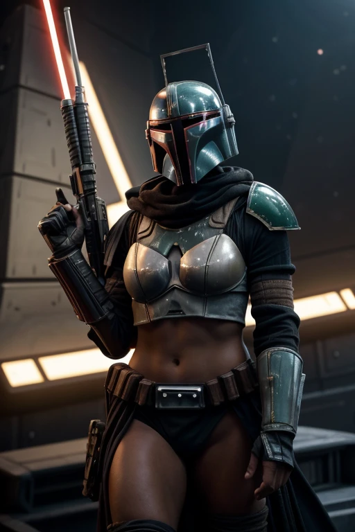 In a christmas movie, 'a girl in a bikini and helmet on stage with arms outstretched, boba fett, mandalorian, still from the mandalorian show, star wars character, from the mandalorian (2019), arcane wizard x boba fett, in a star wars sequel, film still of boba fett, the mandalorian, margot robbie as princess leia