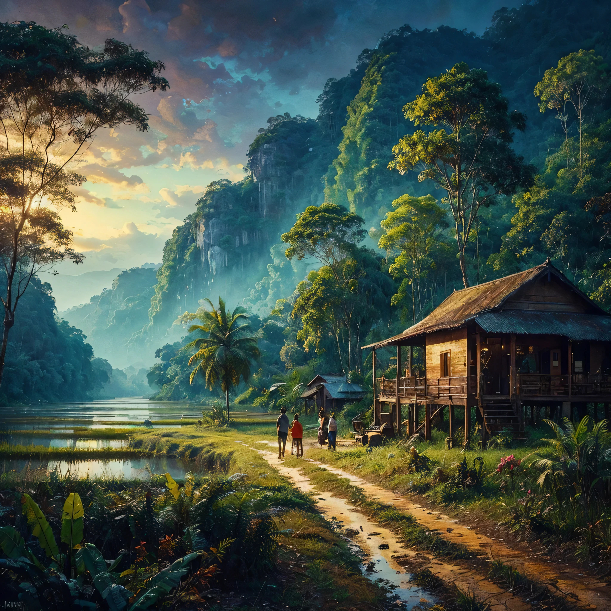 Oil paint splattered era 1960, a view, dirt road junction, There is an open house without a room where 2 people are chatting in the house, there are rice fields & lake, samping kanan kiri forest rapat borneo, there is a mountain background, forest, coconut tree, and trees, there is bush grass, ferns plant,very dark night,naturalism,Realism,very dull canvas,basuki abdullah style,Oil paint splashes are intuitive