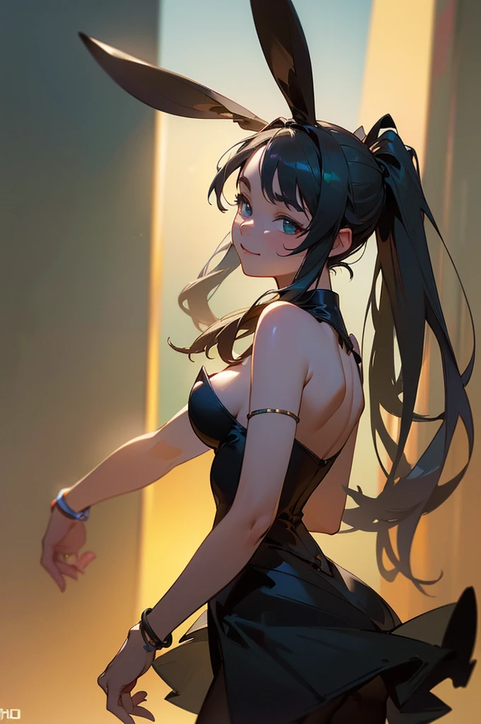 masterpiece, best quality, highres, aawendy, long hair, twintails, hair ornament, bare shoulders, green dress, sleeveless dress, armlet, bracelet, outdoors, standing, cowboy shot, smile, (black bunny suit, black bunny ears, pantyhose:1.2), (best quality, 4k, 8k, highres, masterpiece:1.2), ultra-detailed, (realistic, photorealistic, photo-realistic:1.37), HDR, UHD, studio lighting, ultra-fine painting, sharp focus, physically-based rendering, extreme detail description, professional, vivid colors, bokeh, portraits, (mysterious, dark:0.9) background, (soft, gentle:1.1) lighting, cowboy shot, upper body