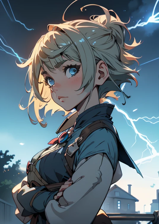 &Quot;((atelier)), perfect quality, plumpness, bulging, fully body, stunning beauty, Jeanfavonian, breasts small, (high quality anime), vred, blush, Standing on the street near the river next to the village, hands on the chest, Looking at the Viewer, without handles. shorth hair (((short bob hair blowing in the wind))), the background is simple and blue, and the gaze is directed downward at a low angle, a bright lightning bolt.