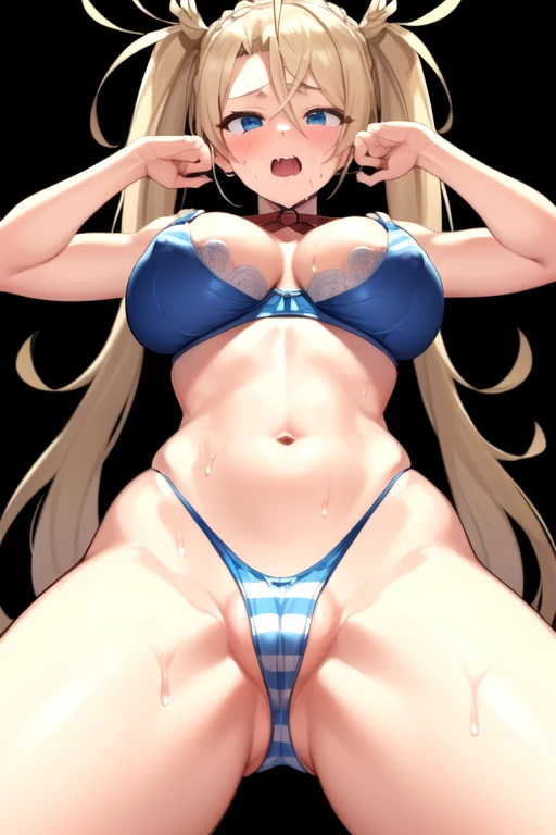 NSFW, uncensored, Bradamante, Blonde, blue eyes, Braiding, french Braiding, Long Hair, Twin tails, Both sides up, Sweat, Hot body, Glowing Skin, Worried brow, Ecstatic smile, Moist eyes, Tears of bliss overflow, hot, Heavy breathing, Tears overflowing from the eyes,
No mask, No anal sex, No peace, Do not bite cloth or strings,
enormous breasts, (((Very large and saggy breasts))),
Bukkake with a huge amount of semen splashed all over the face, mouth and body, Cum covered face and mouth in bukkake, (((Very large and saggy breasts))), Her nipples and clitoris are so hard that you can clearly see her erection through her costume.,
Ohogao, A man with a strong body appears, A lot of cum bukkake on her whole body, Bukkake on the back and clothes, Absolutely a man puts his penis in her vagina hole and matingpresses, The man's lower body is also visible., And a large amount of semen spurts out from the gap of the vagina,
(((Absolutely insert a man's huge cock into the vagina hole))), The man's huge cock is about 200cm long and thick, but during insertion into the vagina, his huge cock and testicles continue to swell up huge.,
From before, From below,
She gives a hand job to the guy's huge 200cm long and thick cock,
leotardは腹から下腹部まで開いており白いハーフバックパンティーのようなパーツと部品で繋がっているデザイン, (The fabric of the half-back panties is white.), leotardの生地は少な目,
She twists her hips, thrusts her ass out to the viewer, and straddles the man's crotch., The man grabs her ass and legs, spreads them apart, and inserts his long, thick, huge cock into her vaginal hole.,
(((Clothed sex))), (((Costumes are not removed, bra and panties are not included, and a blue and white micro bikini-style striped bikini is worn.))),
Her panties are half off and her vagina is completely visible, She pushes her striped bikini panties aside with her hands and fingers to reveal her gaping wet vagina, With her free hand she is pinching and playing with her erect nipples and clitoris.,
The man forcefully inserts his 200cm long and thick huge cock into the hole in her vagina that she has opened with her fingers., (((The man grabbed her waist and buttocks, lifted her hips up, and thrust his long, thick, huge cock deep into her vagina, repeatedly thrusting into her cervix.))), The uterus is filled with semen many times by large amounts of ,
She has endless G-spot sex with a huge hard cock that won't go down, and her whole body trembles with orgasm., She opens her vaginal hole wide with her fingers, A huge load of the guy's cum is bukkake'd into her mouth, gaping vaginal hole and ass,
break covered navel, elbow gloves, gloves, leotard, Thigh straps,
break looking at viewer,
break indoors,
break (masterpiece:1.2), Highest quality, High resolution, unity 8k wallpaper, (figure:0.9), (Beautiful attention to detail:1.6), Highly detailed face, Perfect lighting, Highly detailed CG, (Perfect hands, Perfect Anatomy), Ohogao, bukkake,